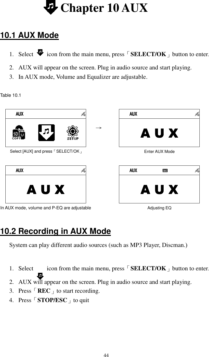  44  Chapter 10 AUX  10.1 AUX Mode 1.  Select    icon from the main menu, press「SELECT/OK」button to enter. 2.  AUX will appear on the screen. Plug in audio source and start playing. 3.  In AUX mode, Volume and Equalizer are adjustable.  Table 10.1   AUXAUXAUXAUX                     Select [AUX] and press「SELECT/OK」 &rarr;     AUXAUXAUXAUX      A U XA U XA U XA U X    Enter AUX Mode   AUXAUXAUXAUX      A U XA U XA U XA U X    In AUX mode, volume and P-EQ are adjustable  1  AUX          AUX          AUX          AUX                 A U XA U XA U XA U X    Adjusting EQ    10.2 Recording in AUX Mode System can play different audio sources (such as MP3 Player, Discman.)  1.  Select    icon from the main menu, press「SELECT/OK」button to enter. 2.  AUX will appear on the screen. Plug in audio source and start playing. 3.  Press「REC」to start recording. 4.  Press「STOP/ESC」to quit    