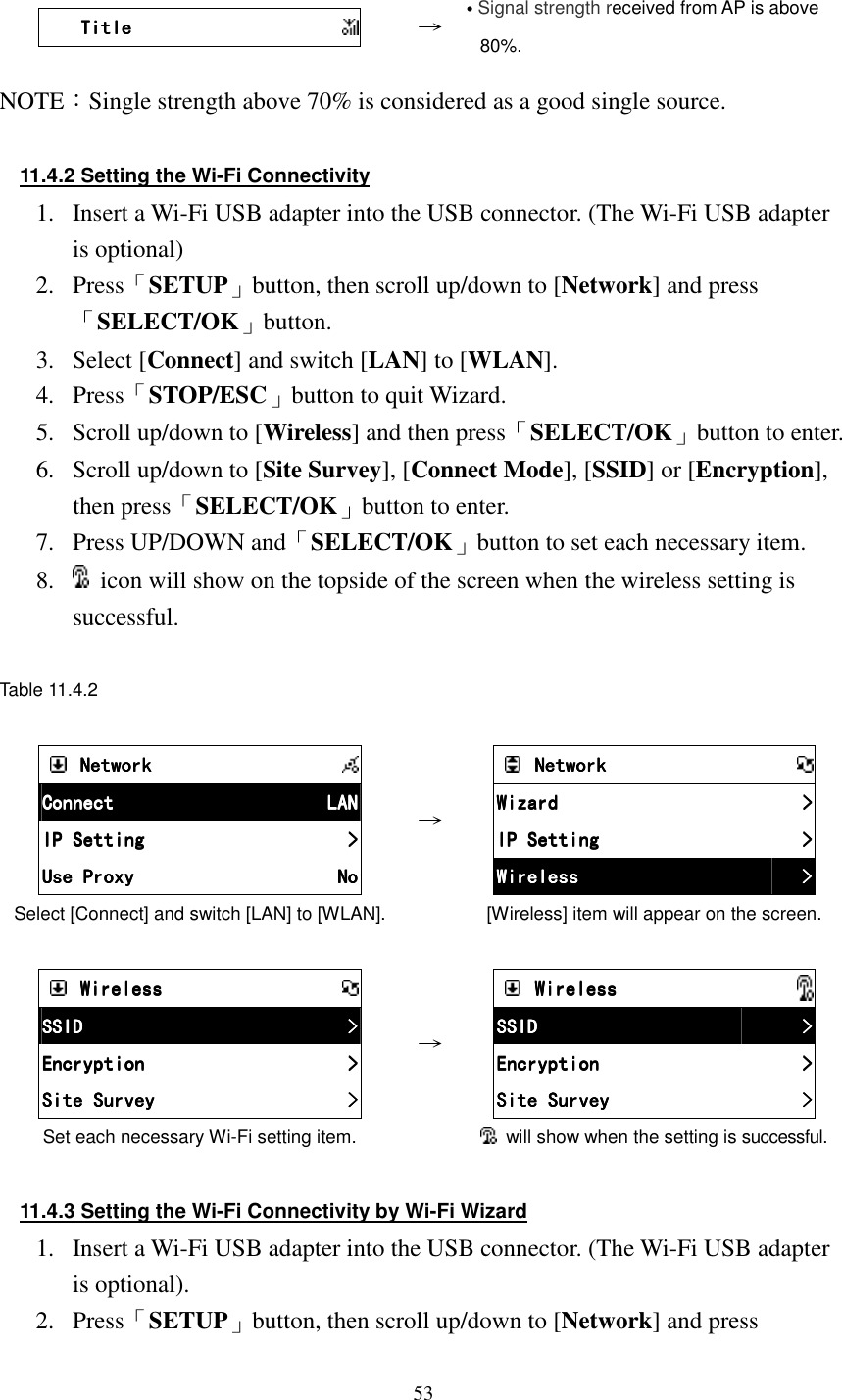  53         TitleTitleTitleTitle                &rarr; ˙Signal strength received from AP is above   80%. NOTE：Single strength above 70% is considered as a good single source.  11.4.2 Setting the Wi-Fi Connectivity 1.  Insert a Wi-Fi USB adapter into the USB connector. (The Wi-Fi USB adapter is optional) 2.  Press「SETUP」button, then scroll up/down to [Network] and press「SELECT/OK」button. 3.  Select [Connect] and switch [LAN] to [WLAN]. 4.  Press「STOP/ESC」button to quit Wizard. 5.  Scroll up/down to [Wireless] and then press「SELECT/OK」button to enter. 6.  Scroll up/down to [Site Survey], [Connect Mode], [SSID] or [Encryption], then press「SELECT/OK」button to enter. 7.  Press UP/DOWN and「SELECT/OK」button to set each necessary item. 8.    icon will show on the topside of the screen when the wireless setting is successful.  Table 11.4.2        NetworkNetworkNetworkNetwork            ConnectConnectConnectConnect     LANLANLANLAN    IP SettingIP SettingIP SettingIP Setting     >>>>    Use ProxyUse ProxyUse ProxyUse Proxy     NoNoNoNo    Select [Connect] and switch [LAN] to [WLAN]. &rarr;        NetworkNetworkNetworkNetwork            WizardWizardWizardWizard     >>>>    IP SettingIP SettingIP SettingIP Setting     >>>>    WirelessWirelessWirelessWireless     >>>>    [Wireless] item will appear on the screen.          WirelessWirelessWirelessWireless            SSIDSSIDSSIDSSID     >>>>    EncryptionEncryptionEncryptionEncryption     >>>>    Site SurveySite SurveySite SurveySite Survey     >>>>    Set each necessary Wi-Fi setting item. &rarr;        WirelessWirelessWirelessWireless            SSIDSSIDSSIDSSID     >>>>    EncryptionEncryptionEncryptionEncryption     >>>>    SitSitSitSite Surveye Surveye Surveye Survey     >>>>      will show when the setting is successful.  11.4.3 Setting the Wi-Fi Connectivity by Wi-Fi Wizard 1.  Insert a Wi-Fi USB adapter into the USB connector. (The Wi-Fi USB adapter is optional). 2.  Press「SETUP」button, then scroll up/down to [Network] and press