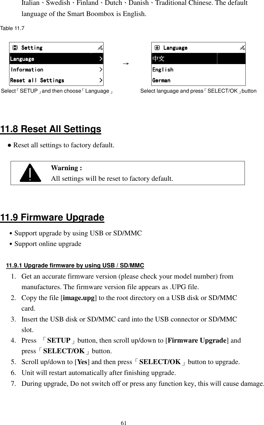  61Italian、Swedish、Finland、Dutch、Danish、Traditional Chinese. The default language of the Smart Boombox is English.  Table 11.7   SettingSettingSettingSetting            LanguageLanguageLanguageLanguage     >>>>    InformationInformationInformationInformation     >>>>    Reset all SettingsReset all SettingsReset all SettingsReset all Settings     >>>>    Select「SETUP」and then choose「Language」 &rarr;&rarr;&rarr;&rarr;     LanguageLanguageLanguageLanguage            中文中文中文中文        EnglishEnglishEnglishEnglish        GermanGermanGermanGerman        Select language and press「SELECT/OK」button   11.8 Reset All Settings ● Reset all settings to factory default.   Warning : All settings will be reset to factory default.   11.9 Firmware Upgrade ˙Support upgrade by using USB or SD/MMC   ˙Support online upgrade  11.9.1 Upgrade firmware by using USB / SD/MMC 1.  Get an accurate firmware version (please check your model number) from manufactures. The firmware version file appears as .UPG file. 2.  Copy the file [image.upg] to the root directory on a USB disk or SD/MMC card. 3.  Insert the USB disk or SD/MMC card into the USB connector or SD/MMC slot. 4.  Press  「SETUP」button, then scroll up/down to [Firmware Upgrade] and press「SELECT/OK」button. 5.  Scroll up/down to [Yes] and then press「SELECT/OK」button to upgrade. 6.  Unit will restart automatically after finishing upgrade. 7.   During upgrade, Do not switch off or press any function key, this will cause damage.  