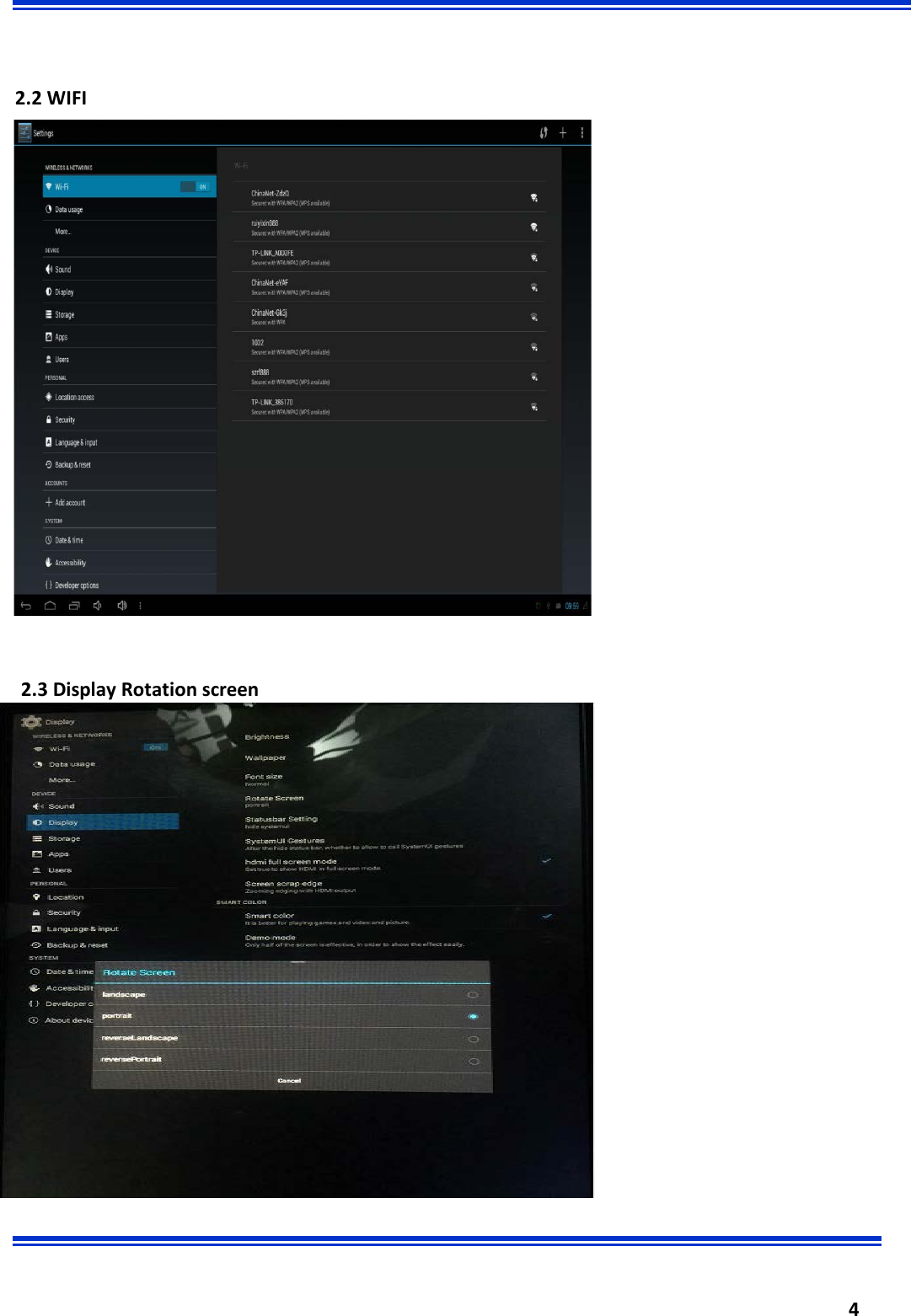  4       2.2 WIFI   2.3 Display Rotation screen   