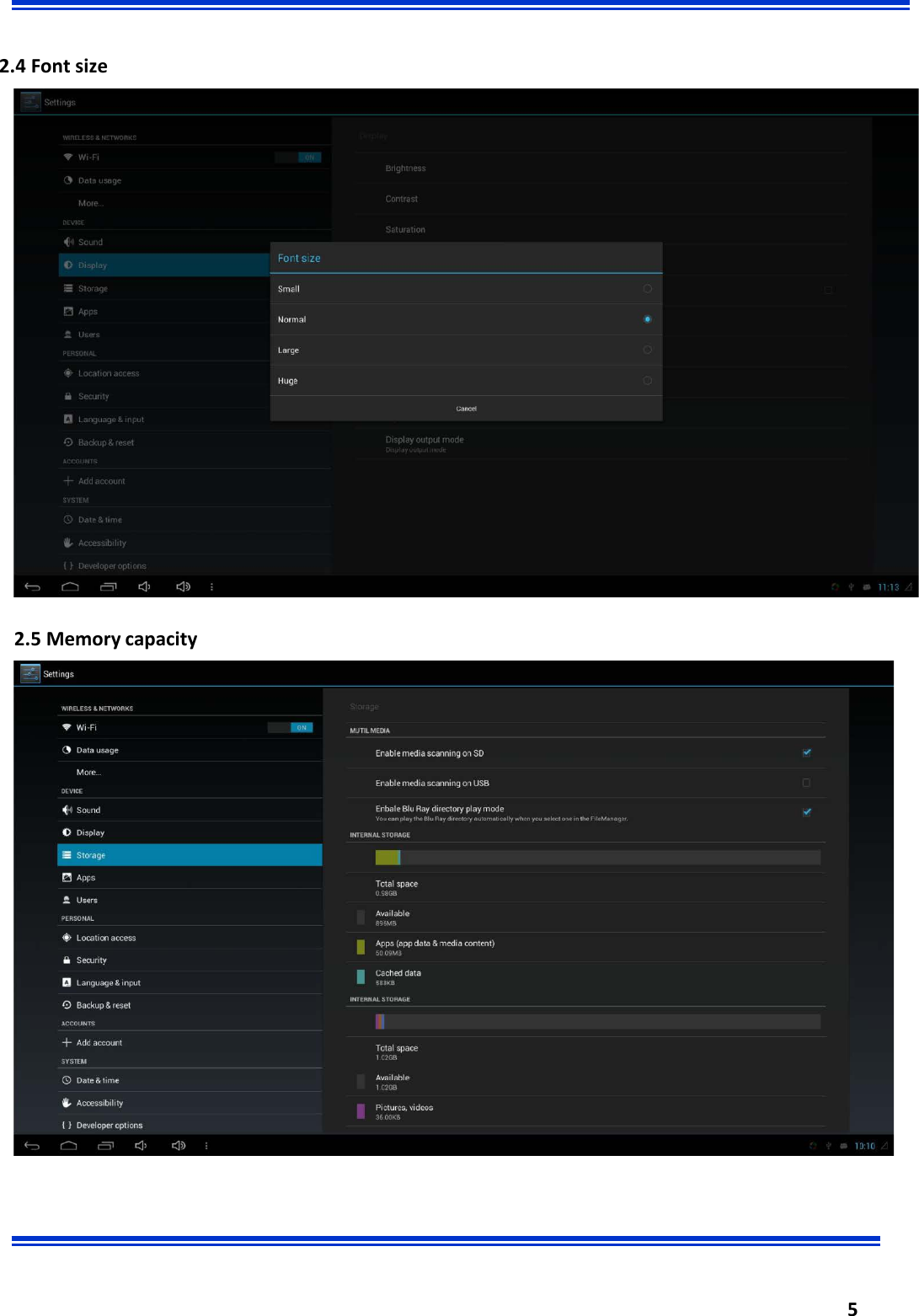  5      2.4 Font size   2.5 Memory capacity 