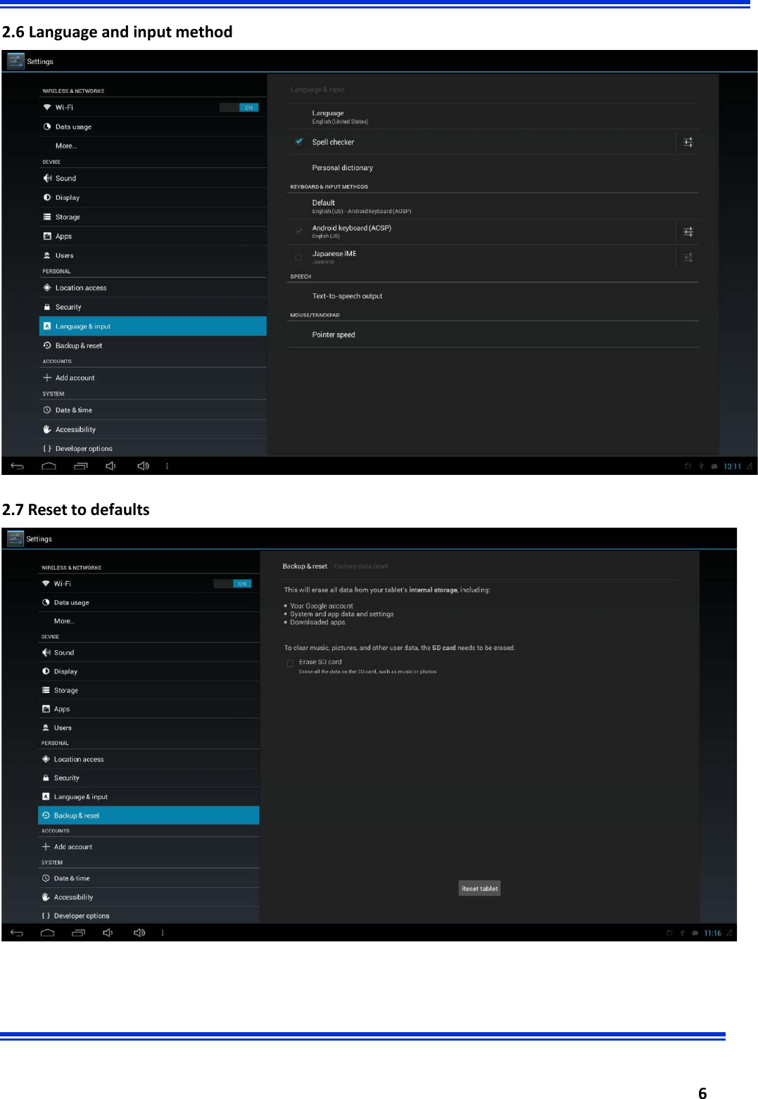  6     2.6 Language and input method  2.7 Reset to defaults 