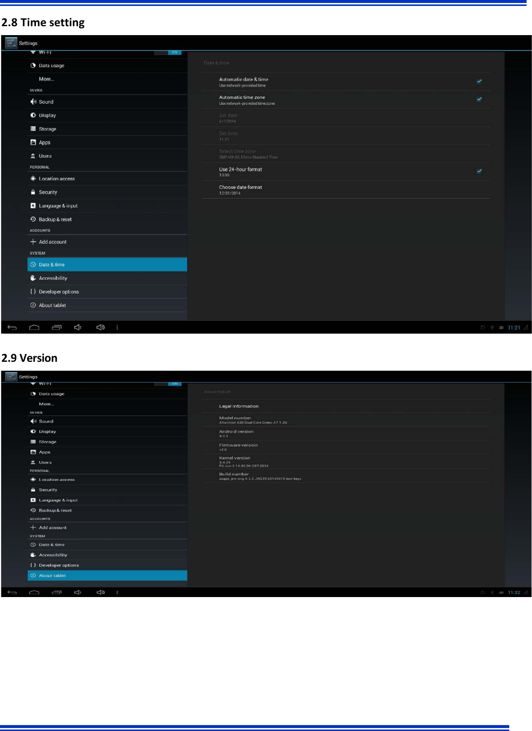      2.8 Time setting  2.9 Version    