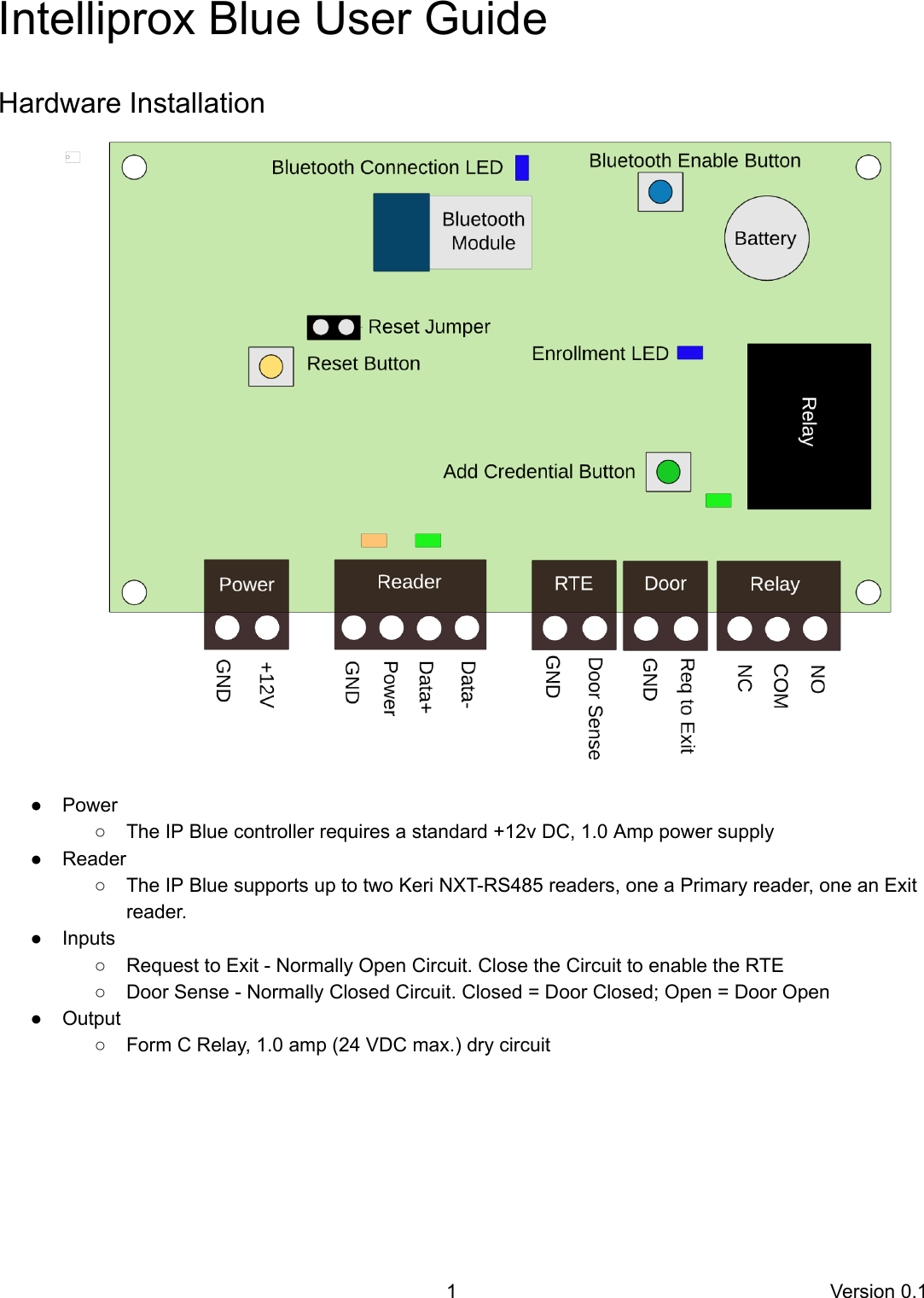  Intelliprox   Blue   User   Guide Hardware   Installation  ● Power ○ The   IP   Blue   controller   requires   a   standard   +12v   DC,   1.0   Amp   power   supply ● Reader ○ The   IP   Blue   supports   up   to   two   Keri   NXT-RS485   readers,   one   a   Primary   reader,   one   an   Exit reader.  ● Inputs ○ Request   to   Exit   -   Normally   Open   Circuit.   Close   the   Circuit   to   enable   the   RTE ○ Door   Sense   -   Normally   Closed   Circuit.   Closed   =   Door   Closed;   Open   =   Door   Open ● Output ○ Form   C   Relay,   1.0   amp   (24   VDC   max.)   dry   circuit   1 Version   0.1 
