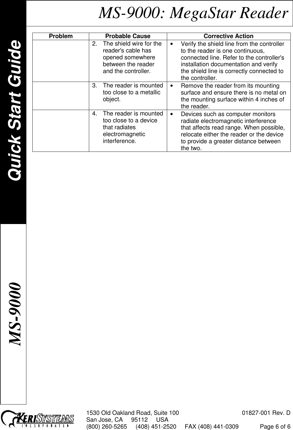 1530 Old Oakland Road, Suite 100 01827-001 Rev. DSan Jose, CA     95112     USA(800) 260-5265     (408) 451-2520     FAX (408) 441-0309 Page 6 of 6MS-9000: MegaStar ReaderProblem Probable Cause Corrective Action2. The shield wire for thereader&apos;s cable hasopened somewherebetween the readerand the controller.• Verify the shield line from the controllerto the reader is one continuous,connected line. Refer to the controller&apos;sinstallation documentation and verifythe shield line is correctly connected tothe controller.3. The reader is mountedtoo close to a metallicobject.• Remove the reader from its mountingsurface and ensure there is no metal onthe mounting surface within 4 inches ofthe reader.4. The reader is mountedtoo close to a devicethat radiateselectromagneticinterference.• Devices such as computer monitorsradiate electromagnetic interferencethat affects read range. When possible,relocate either the reader or the deviceto provide a greater distance betweenthe two.Quick Start GuideMS-9000