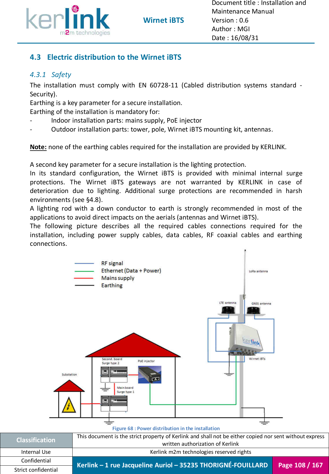  Wirnet iBTS Document title : Installation and Maintenance Manual Version : 0.6 Author : MGI Date : 16/08/31  Classification This document is the strict property of Kerlink and shall not be either copied nor sent without express written authorization of Kerlink Internal Use  Kerlink m2m technologies reserved rights Confidential Kerlink – 1 rue Jacqueline Auriol – 35235 THORIGNÉ-FOUILLARD Page 108 / 167 Strict confidential  4.3 Electric distribution to the Wirnet iBTS 4.3.1 Safety The  installation  must  comply  with  EN  60728-11  (Cabled  distribution  systems  standard  - Security). Earthing is a key parameter for a secure installation. Earthing of the installation is mandatory for: -  Indoor installation parts: mains supply, PoE injector -  Outdoor installation parts: tower, pole, Wirnet iBTS mounting kit, antennas.  Note: none of the earthing cables required for the installation are provided by KERLINK.  A second key parameter for a secure installation is the lighting protection. In  its  standard  configuration,  the  Wirnet  iBTS  is  provided  with  minimal  internal  surge protections.  The  Wirnet  iBTS  gateways  are  not  warranted  by  KERLINK  in  case  of deterioration  due  to  lighting.  Additional  surge  protections  are  recommended  in  harsh environments (see §4.8). A  lighting  rod  with  a  down  conductor  to  earth  is  strongly  recommended  in  most  of  the applications to avoid direct impacts on the aerials (antennas and Wirnet iBTS). The  following  picture  describes  all  the  required  cables  connections  required  for  the installation,  including  power  supply  cables,  data  cables,  RF  coaxial  cables  and  earthing connections.  Figure 68 : Power distribution in the installation 