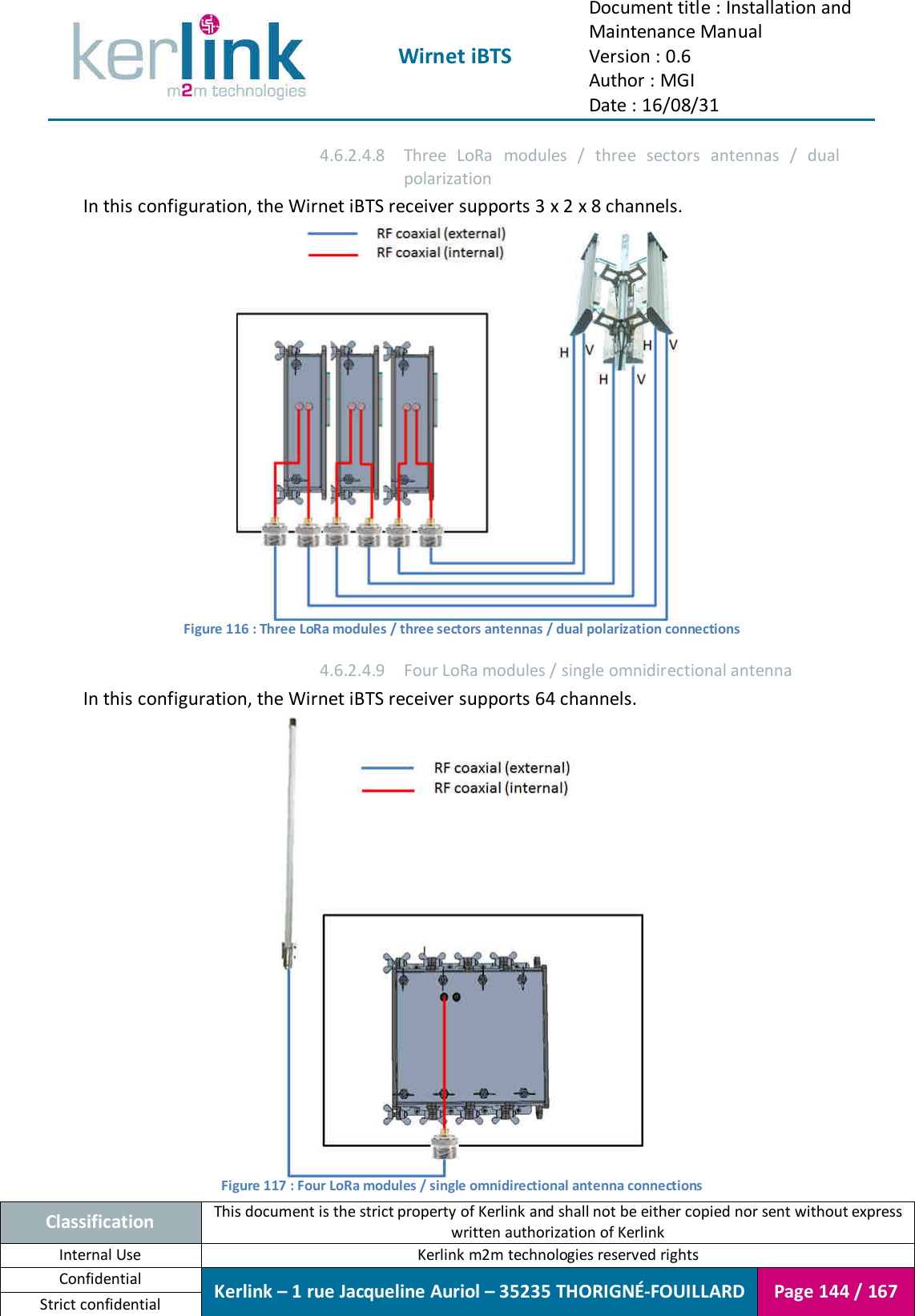  Wirnet iBTS Document title : Installation and Maintenance Manual Version : 0.6 Author : MGI Date : 16/08/31  Classification This document is the strict property of Kerlink and shall not be either copied nor sent without express written authorization of Kerlink Internal Use  Kerlink m2m technologies reserved rights Confidential Kerlink – 1 rue Jacqueline Auriol – 35235 THORIGNÉ-FOUILLARD Page 144 / 167 Strict confidential  4.6.2.4.8 Three  LoRa  modules  /  three  sectors  antennas  /  dual polarization In this configuration, the Wirnet iBTS receiver supports 3 x 2 x 8 channels.  Figure 116 : Three LoRa modules / three sectors antennas / dual polarization connections 4.6.2.4.9 Four LoRa modules / single omnidirectional antenna In this configuration, the Wirnet iBTS receiver supports 64 channels.  Figure 117 : Four LoRa modules / single omnidirectional antenna connections 