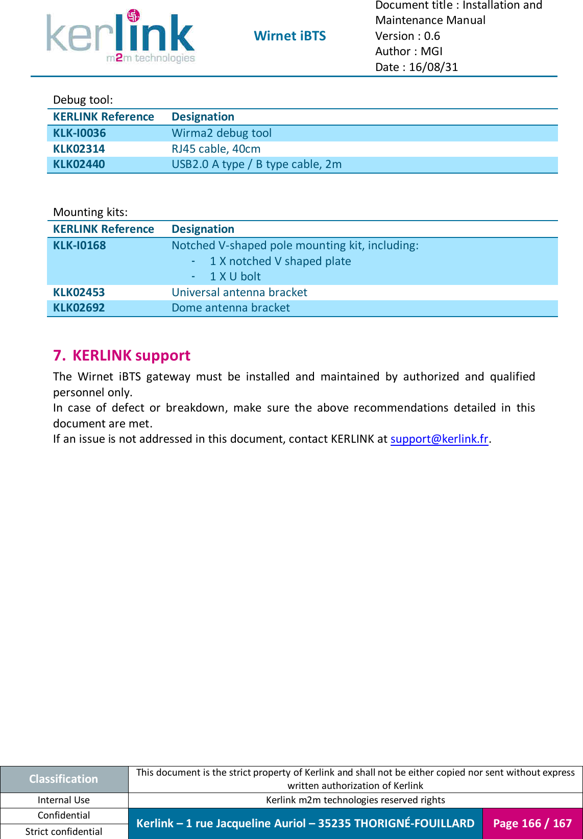  Wirnet iBTS Document title : Installation and Maintenance Manual Version : 0.6 Author : MGI Date : 16/08/31  Classification This document is the strict property of Kerlink and shall not be either copied nor sent without express written authorization of Kerlink Internal Use  Kerlink m2m technologies reserved rights Confidential Kerlink – 1 rue Jacqueline Auriol – 35235 THORIGNÉ-FOUILLARD Page 166 / 167 Strict confidential  Debug tool: KERLINK Reference Designation KLK-I0036 Wirma2 debug tool KLK02314 RJ45 cable, 40cm KLK02440 USB2.0 A type / B type cable, 2m   Mounting kits: KERLINK Reference Designation KLK-I0168 Notched V-shaped pole mounting kit, including: - 1 X notched V shaped plate - 1 X U bolt KLK02453 Universal antenna bracket KLK02692 Dome antenna bracket  7. KERLINK support The  Wirnet  iBTS  gateway  must  be  installed  and  maintained  by  authorized  and  qualified personnel only. In  case  of  defect  or  breakdown,  make  sure  the  above  recommendations  detailed  in  this document are met. If an issue is not addressed in this document, contact KERLINK at support@kerlink.fr.     