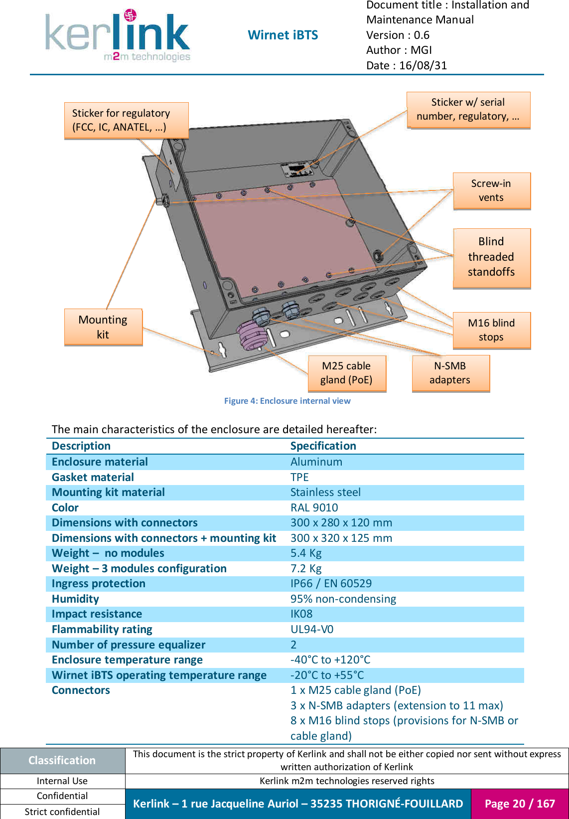  Wirnet iBTS Document title : Installation and Maintenance Manual Version : 0.6 Author : MGI Date : 16/08/31  Classification This document is the strict property of Kerlink and shall not be either copied nor sent without express written authorization of Kerlink Internal Use  Kerlink m2m technologies reserved rights Confidential Kerlink – 1 rue Jacqueline Auriol – 35235 THORIGNÉ-FOUILLARD Page 20 / 167 Strict confidential     Figure 4: Enclosure internal view  The main characteristics of the enclosure are detailed hereafter: Description Specification Enclosure material Aluminum Gasket material TPE Mounting kit material Stainless steel Color RAL 9010 Dimensions with connectors 300 x 280 x 120 mm Dimensions with connectors + mounting kit 300 x 320 x 125 mm Weight –  no modules 5.4 Kg Weight – 3 modules configuration 7.2 Kg Ingress protection IP66 / EN 60529 Humidity 95% non-condensing Impact resistance IK08 Flammability rating UL94-V0 Number of pressure equalizer 2 Enclosure temperature range -40°C to +120°C Wirnet iBTS operating temperature range -20°C to +55°C Connectors 1 x M25 cable gland (PoE) 3 x N-SMB adapters (extension to 11 max) 8 x M16 blind stops (provisions for N-SMB or cable gland) Mounting kit M25 cable gland (PoE) N-SMB adapters M16 blind stops Sticker for regulatory (FCC, IC, ANATEL, …) Screw-in vents Sticker w/ serial number, regulatory, … Blind threaded standoffs 