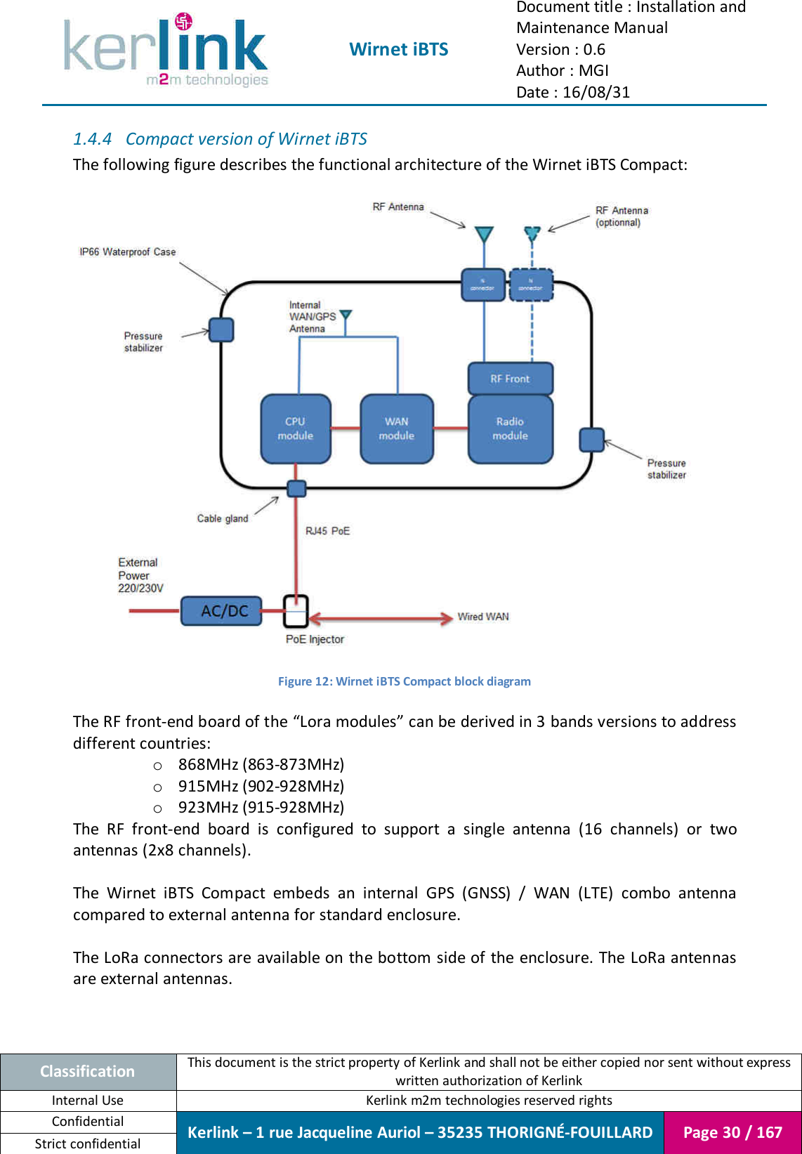  Wirnet iBTS Document title : Installation and Maintenance Manual Version : 0.6 Author : MGI Date : 16/08/31  Classification This document is the strict property of Kerlink and shall not be either copied nor sent without express written authorization of Kerlink Internal Use  Kerlink m2m technologies reserved rights Confidential Kerlink – 1 rue Jacqueline Auriol – 35235 THORIGNÉ-FOUILLARD Page 30 / 167 Strict confidential  1.4.4 Compact version of Wirnet iBTS The following figure describes the functional architecture of the Wirnet iBTS Compact:      Figure 12: Wirnet iBTS Compact block diagram  The RF front-end board of the “Lora modules” can be derived in 3 bands versions to address different countries: o 868MHz (863-873MHz) o 915MHz (902-928MHz) o 923MHz (915-928MHz) The  RF  front-end  board  is  configured  to  support  a  single  antenna  (16  channels)  or  two antennas (2x8 channels).  The  Wirnet  iBTS  Compact  embeds  an  internal  GPS  (GNSS)  /  WAN  (LTE)  combo  antenna compared to external antenna for standard enclosure.  The LoRa connectors are available on the bottom side of  the enclosure. The LoRa antennas are external antennas.   