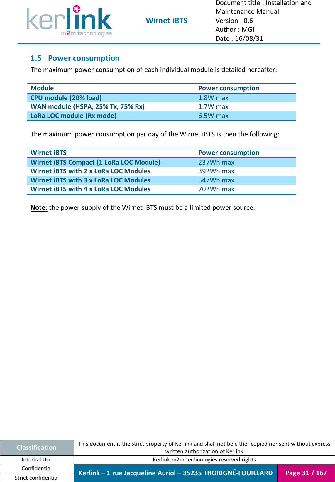  Wirnet iBTS Document title : Installation and Maintenance Manual Version : 0.6 Author : MGI Date : 16/08/31  Classification This document is the strict property of Kerlink and shall not be either copied nor sent without express written authorization of Kerlink Internal Use  Kerlink m2m technologies reserved rights Confidential Kerlink – 1 rue Jacqueline Auriol – 35235 THORIGNÉ-FOUILLARD Page 31 / 167 Strict confidential  1.5 Power consumption The maximum power consumption of each individual module is detailed hereafter:  Module Power consumption CPU module (20% load) 1.8W max WAN module (HSPA, 25% Tx, 75% Rx) 1.7W max LoRa LOC module (Rx mode) 6.5W max  The maximum power consumption per day of the Wirnet iBTS is then the following:  Wirnet iBTS Power consumption Wirnet iBTS Compact (1 LoRa LOC Module) 237Wh max Wirnet iBTS with 2 x LoRa LOC Modules 392Wh max Wirnet iBTS with 3 x LoRa LOC Modules 547Wh max Wirnet iBTS with 4 x LoRa LOC Modules 702Wh max  Note: the power supply of the Wirnet iBTS must be a limited power source.     