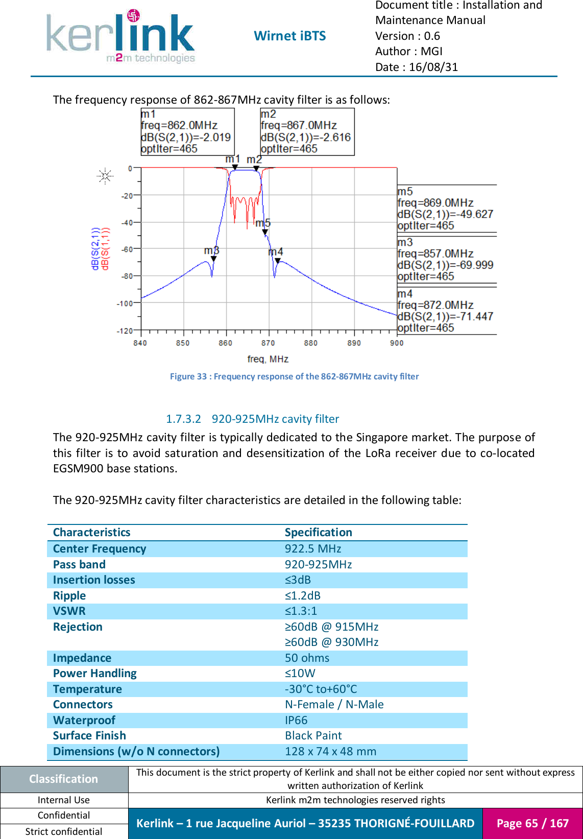  Wirnet iBTS Document title : Installation and Maintenance Manual Version : 0.6 Author : MGI Date : 16/08/31  Classification This document is the strict property of Kerlink and shall not be either copied nor sent without express written authorization of Kerlink Internal Use  Kerlink m2m technologies reserved rights Confidential Kerlink – 1 rue Jacqueline Auriol – 35235 THORIGNÉ-FOUILLARD Page 65 / 167 Strict confidential  The frequency response of 862-867MHz cavity filter is as follows:  Figure 33 : Frequency response of the 862-867MHz cavity filter  1.7.3.2 920-925MHz cavity filter The 920-925MHz cavity filter is typically dedicated to the Singapore market. The purpose of this filter is to avoid saturation and desensitization of  the LoRa receiver due  to co-located EGSM900 base stations.  The 920-925MHz cavity filter characteristics are detailed in the following table:  Characteristics Specification Center Frequency 922.5 MHz Pass band 920-925MHz Insertion losses ≤3dB Ripple ≤1.2dB VSWR ≤1.3:1 Rejection ≥60dB @ 915MHz ≥60dB @ 930MHz Impedance 50 ohms Power Handling ≤10W Temperature -30°C to+60°C Connectors N-Female / N-Male Waterproof IP66 Surface Finish Black Paint Dimensions (w/o N connectors) 128 x 74 x 48 mm 