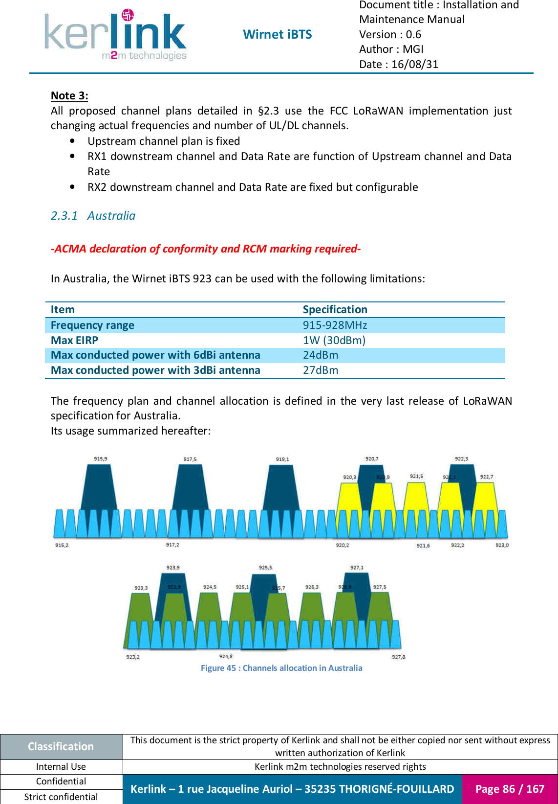  Wirnet iBTS Document title : Installation and Maintenance Manual Version : 0.6 Author : MGI Date : 16/08/31  Classification This document is the strict property of Kerlink and shall not be either copied nor sent without express written authorization of Kerlink Internal Use  Kerlink m2m technologies reserved rights Confidential Kerlink – 1 rue Jacqueline Auriol – 35235 THORIGNÉ-FOUILLARD Page 86 / 167 Strict confidential  Note 3: All  proposed  channel  plans  detailed  in  §2.3  use  the  FCC  LoRaWAN  implementation  just changing actual frequencies and number of UL/DL channels. • Upstream channel plan is fixed • RX1 downstream channel and Data Rate are function of Upstream channel and Data Rate • RX2 downstream channel and Data Rate are fixed but configurable 2.3.1 Australia  -ACMA declaration of conformity and RCM marking required-  In Australia, the Wirnet iBTS 923 can be used with the following limitations:  Item Specification Frequency range 915-928MHz Max EIRP 1W (30dBm) Max conducted power with 6dBi antenna 24dBm Max conducted power with 3dBi antenna 27dBm  The  frequency  plan  and  channel  allocation  is  defined  in  the  very  last  release  of  LoRaWAN specification for Australia. Its usage summarized hereafter:   Figure 45 : Channels allocation in Australia    