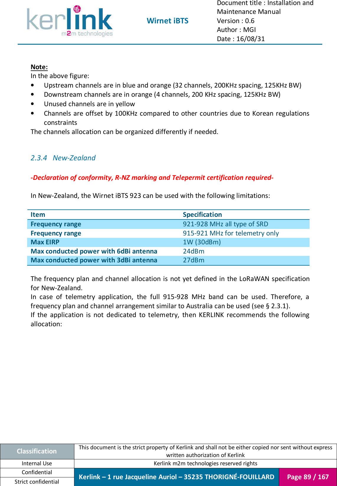  Wirnet iBTS Document title : Installation and Maintenance Manual Version : 0.6 Author : MGI Date : 16/08/31  Classification This document is the strict property of Kerlink and shall not be either copied nor sent without express written authorization of Kerlink Internal Use  Kerlink m2m technologies reserved rights Confidential Kerlink – 1 rue Jacqueline Auriol – 35235 THORIGNÉ-FOUILLARD Page 89 / 167 Strict confidential   Note: In the above figure: • Upstream channels are in blue and orange (32 channels, 200KHz spacing, 125KHz BW) • Downstream channels are in orange (4 channels, 200 KHz spacing, 125KHz BW) • Unused channels are in yellow • Channels are offset by 100KHz compared to other countries due to Korean regulations constraints The channels allocation can be organized differently if needed.  2.3.4 New-Zealand  -Declaration of conformity, R-NZ marking and Telepermit certification required-  In New-Zealand, the Wirnet iBTS 923 can be used with the following limitations:  Item Specification Frequency range 921-928 MHz all type of SRD Frequency range 915-921 MHz for telemetry only Max EIRP 1W (30dBm) Max conducted power with 6dBi antenna 24dBm Max conducted power with 3dBi antenna 27dBm  The frequency plan and channel allocation is not  yet  defined in the LoRaWAN specification for New-Zealand. In  case  of  telemetry  application,  the  full  915-928  MHz  band  can  be  used.  Therefore,  a frequency plan and channel arrangement similar to Australia can be used (see § 2.3.1). If  the  application  is  not  dedicated  to  telemetry,  then  KERLINK  recommends  the  following allocation:  