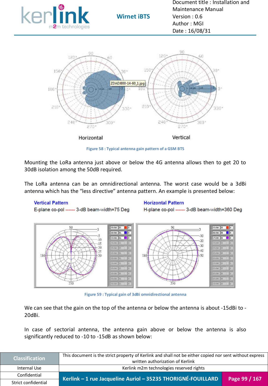  Wirnet iBTS Document title : Installation and Maintenance Manual Version : 0.6 Author : MGI Date : 16/08/31  Classification This document is the strict property of Kerlink and shall not be either copied nor sent without express written authorization of Kerlink Internal Use  Kerlink m2m technologies reserved rights Confidential Kerlink – 1 rue Jacqueline Auriol – 35235 THORIGNÉ-FOUILLARD Page 99 / 167 Strict confidential   Figure 58 : Typical antenna gain pattern of a GSM BTS  Mounting  the LoRa  antenna just above  or below the 4G antenna allows then  to get 20 to 30dB isolation among the 50dB required.  The  LoRa  antenna  can  be  an  omnidirectional  antenna.  The  worst  case  would  be  a  3dBi antenna which has the “less directive” antenna pattern. An example is presented below:  Figure 59 : Typical gain of 3dBi omnidirectional antenna  We can see that the gain on the top of the antenna or below the antenna is about -15dBi to -20dBi.  In  case  of  sectorial  antenna,  the  antenna  gain  above  or  below  the  antenna  is  also significantly reduced to -10 to -15dB as shown below:  