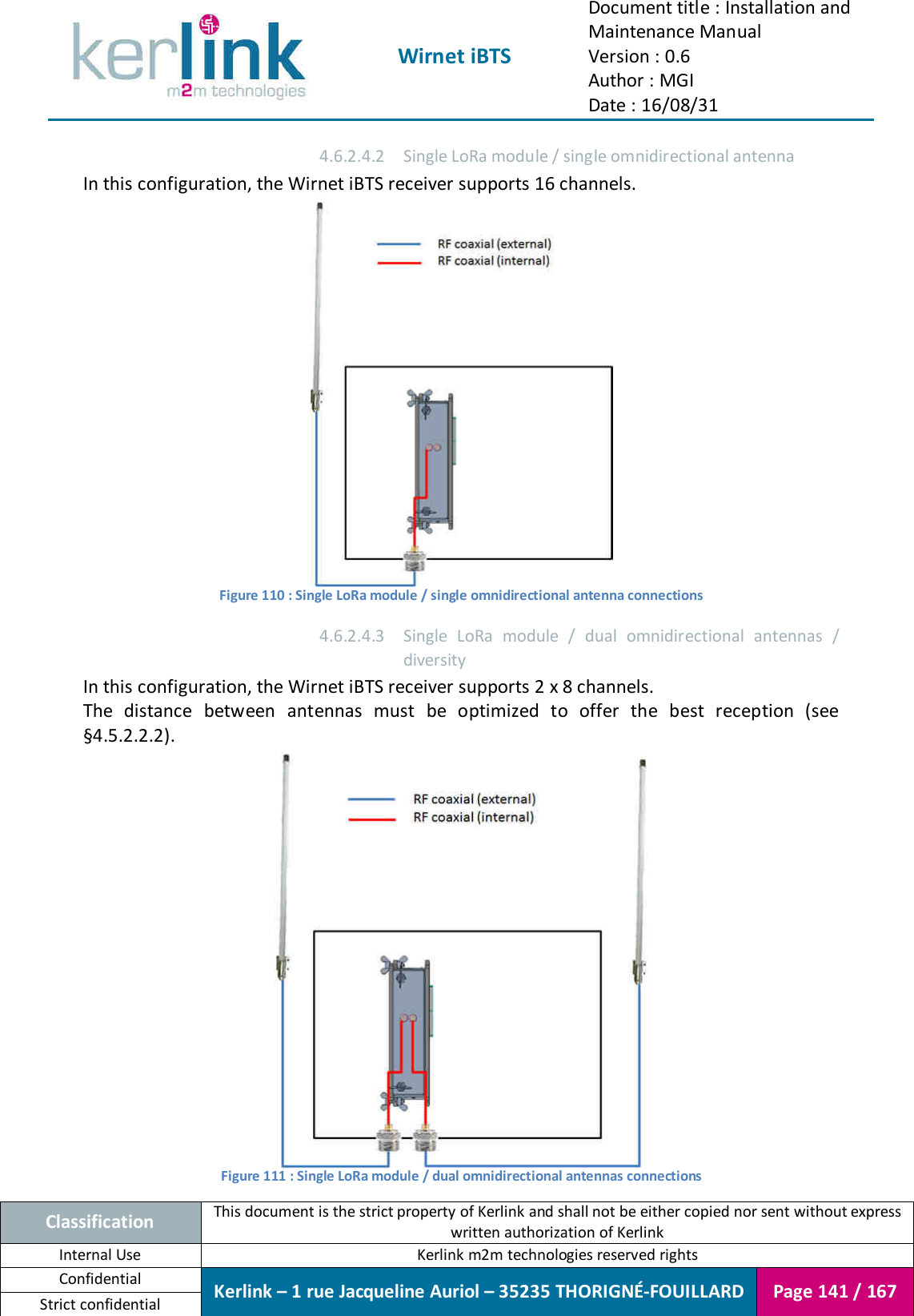  Wirnet iBTS Document title : Installation and Maintenance Manual Version : 0.6 Author : MGI Date : 16/08/31  Classification This document is the strict property of Kerlink and shall not be either copied nor sent without express written authorization of Kerlink Internal Use  Kerlink m2m technologies reserved rights Confidential Kerlink – 1 rue Jacqueline Auriol – 35235 THORIGNÉ-FOUILLARD Page 141 / 167 Strict confidential  4.6.2.4.2 Single LoRa module / single omnidirectional antenna In this configuration, the Wirnet iBTS receiver supports 16 channels.  Figure 110 : Single LoRa module / single omnidirectional antenna connections 4.6.2.4.3 Single  LoRa  module  /  dual  omnidirectional  antennas  / diversity In this configuration, the Wirnet iBTS receiver supports 2 x 8 channels. The  distance  between  antennas  must  be  optimized  to  offer  the  best  reception  (see §4.5.2.2.2).  Figure 111 : Single LoRa module / dual omnidirectional antennas connections 