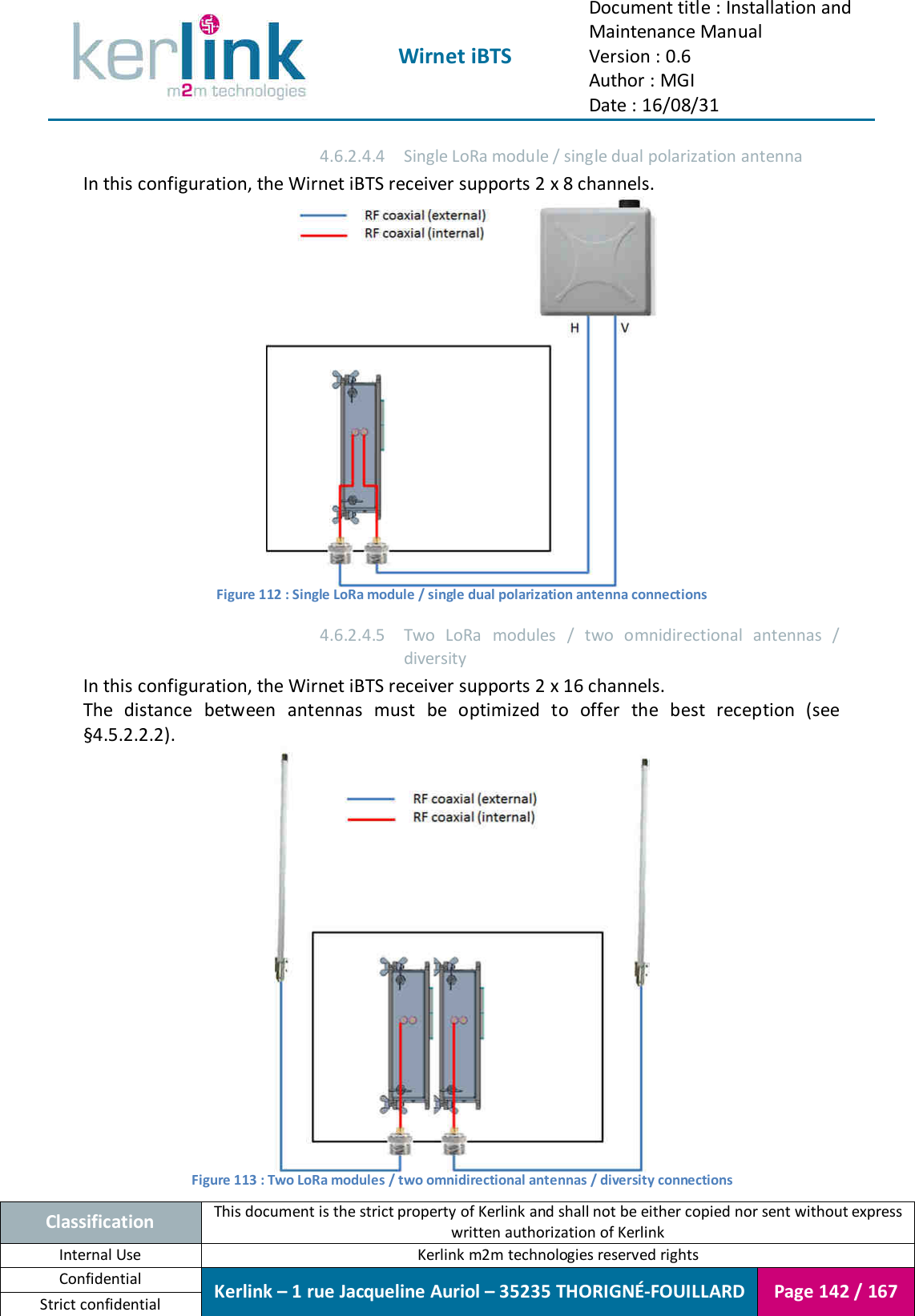  Wirnet iBTS Document title : Installation and Maintenance Manual Version : 0.6 Author : MGI Date : 16/08/31  Classification This document is the strict property of Kerlink and shall not be either copied nor sent without express written authorization of Kerlink Internal Use  Kerlink m2m technologies reserved rights Confidential Kerlink – 1 rue Jacqueline Auriol – 35235 THORIGNÉ-FOUILLARD Page 142 / 167 Strict confidential  4.6.2.4.4 Single LoRa module / single dual polarization antenna In this configuration, the Wirnet iBTS receiver supports 2 x 8 channels.  Figure 112 : Single LoRa module / single dual polarization antenna connections 4.6.2.4.5 Two  LoRa  modules  /  two  omnidirectional  antennas  / diversity In this configuration, the Wirnet iBTS receiver supports 2 x 16 channels. The  distance  between  antennas  must  be  optimized  to  offer  the  best  reception  (see §4.5.2.2.2).  Figure 113 : Two LoRa modules / two omnidirectional antennas / diversity connections 