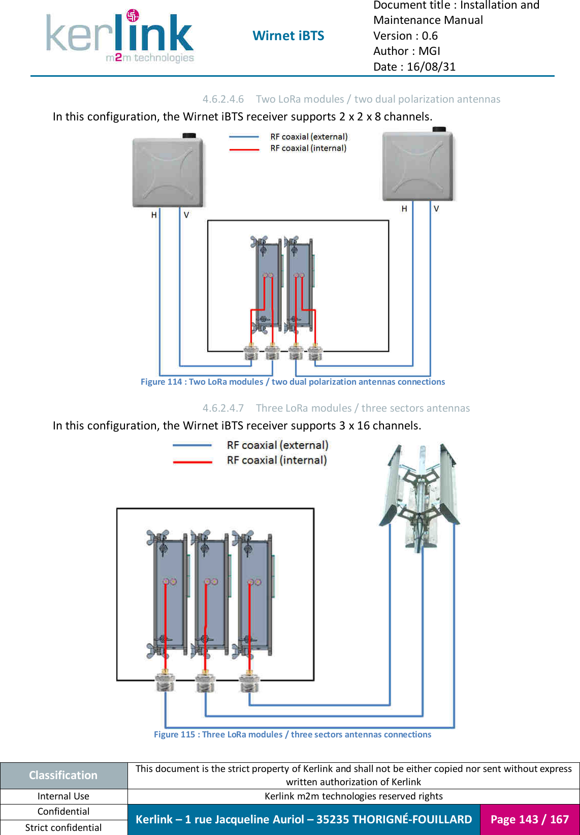  Wirnet iBTS Document title : Installation and Maintenance Manual Version : 0.6 Author : MGI Date : 16/08/31  Classification This document is the strict property of Kerlink and shall not be either copied nor sent without express written authorization of Kerlink Internal Use  Kerlink m2m technologies reserved rights Confidential Kerlink – 1 rue Jacqueline Auriol – 35235 THORIGNÉ-FOUILLARD Page 143 / 167 Strict confidential  4.6.2.4.6 Two LoRa modules / two dual polarization antennas In this configuration, the Wirnet iBTS receiver supports 2 x 2 x 8 channels.  Figure 114 : Two LoRa modules / two dual polarization antennas connections 4.6.2.4.7 Three LoRa modules / three sectors antennas In this configuration, the Wirnet iBTS receiver supports 3 x 16 channels.  Figure 115 : Three LoRa modules / three sectors antennas connections 