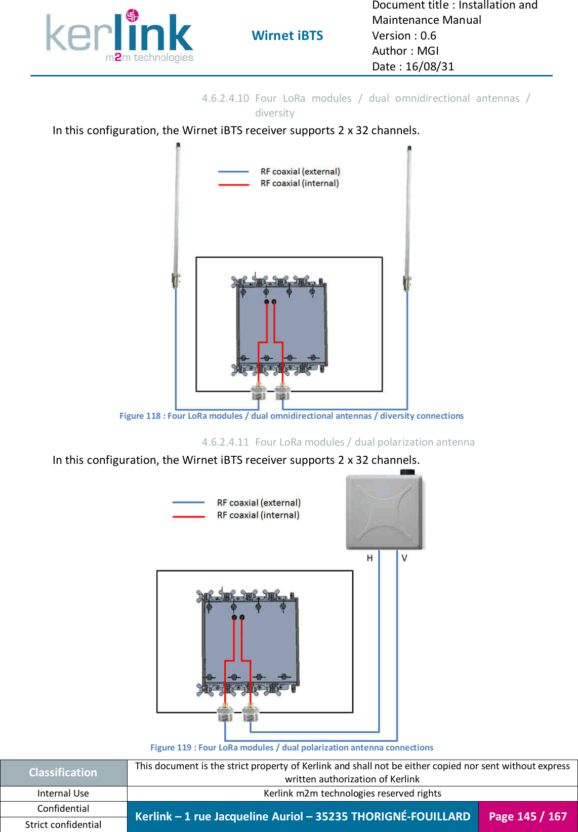  Wirnet iBTS Document title : Installation and Maintenance Manual Version : 0.6 Author : MGI Date : 16/08/31  Classification This document is the strict property of Kerlink and shall not be either copied nor sent without express written authorization of Kerlink Internal Use  Kerlink m2m technologies reserved rights Confidential Kerlink – 1 rue Jacqueline Auriol – 35235 THORIGNÉ-FOUILLARD Page 145 / 167 Strict confidential  4.6.2.4.10 Four  LoRa  modules  /  dual  omnidirectional  antennas  / diversity In this configuration, the Wirnet iBTS receiver supports 2 x 32 channels.  Figure 118 : Four LoRa modules / dual omnidirectional antennas / diversity connections 4.6.2.4.11 Four LoRa modules / dual polarization antenna In this configuration, the Wirnet iBTS receiver supports 2 x 32 channels.  Figure 119 : Four LoRa modules / dual polarization antenna connections 