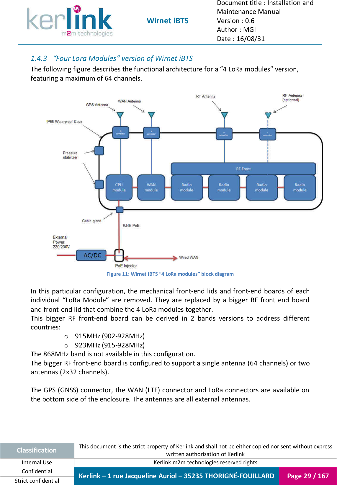  Wirnet iBTS Document title : Installation and Maintenance Manual Version : 0.6 Author : MGI Date : 16/08/31  Classification This document is the strict property of Kerlink and shall not be either copied nor sent without express written authorization of Kerlink Internal Use  Kerlink m2m technologies reserved rights Confidential Kerlink – 1 rue Jacqueline Auriol – 35235 THORIGNÉ-FOUILLARD Page 29 / 167 Strict confidential  1.4.3 “Four Lora Modules” version of Wirnet iBTS The following figure describes the functional architecture for a “4 LoRa modules” version, featuring a maximum of 64 channels.   Figure 11: Wirnet iBTS “4 LoRa modules” block diagram  In this particular configuration, the mechanical front-end lids and front-end boards  of each individual  “LoRa  Module”  are  removed.  They  are  replaced  by  a  bigger  RF  front  end  board and front-end lid that combine the 4 LoRa modules together. This  bigger  RF  front-end  board  can  be  derived  in  2  bands  versions  to  address  different countries: o 915MHz (902-928MHz) o 923MHz (915-928MHz) The 868MHz band is not available in this configuration. The bigger RF front-end board is configured to support a single antenna (64 channels) or two antennas (2x32 channels).  The GPS (GNSS) connector, the WAN (LTE) connector and LoRa connectors are available on the bottom side of the enclosure. The antennas are all external antennas.    