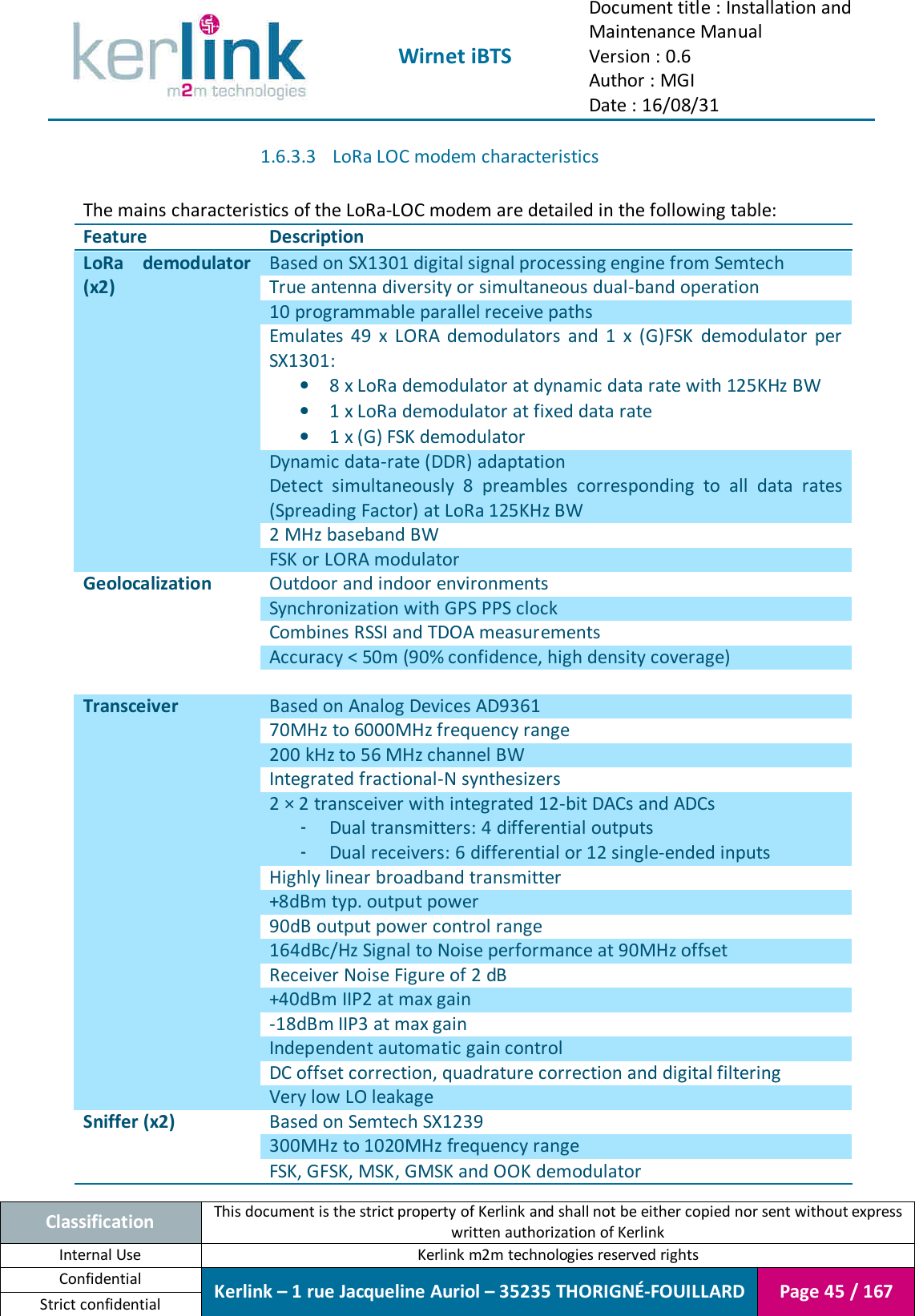  Wirnet iBTS Document title : Installation and Maintenance Manual Version : 0.6 Author : MGI Date : 16/08/31  Classification This document is the strict property of Kerlink and shall not be either copied nor sent without express written authorization of Kerlink Internal Use  Kerlink m2m technologies reserved rights Confidential Kerlink – 1 rue Jacqueline Auriol – 35235 THORIGNÉ-FOUILLARD Page 45 / 167 Strict confidential  1.6.3.3 LoRa LOC modem characteristics  The mains characteristics of the LoRa-LOC modem are detailed in the following table: Feature Description LoRa  demodulator (x2) Based on SX1301 digital signal processing engine from Semtech True antenna diversity or simultaneous dual-band operation 10 programmable parallel receive paths Emulates  49  x  LORA  demodulators  and  1  x  (G)FSK  demodulator  per SX1301: • 8 x LoRa demodulator at dynamic data rate with 125KHz BW • 1 x LoRa demodulator at fixed data rate • 1 x (G) FSK demodulator Dynamic data-rate (DDR) adaptation Detect  simultaneously  8  preambles  corresponding  to  all  data  rates (Spreading Factor) at LoRa 125KHz BW 2 MHz baseband BW FSK or LORA modulator Geolocalization Outdoor and indoor environments Synchronization with GPS PPS clock Combines RSSI and TDOA measurements Accuracy &lt; 50m (90% confidence, high density coverage)   Transceiver Based on Analog Devices AD9361 70MHz to 6000MHz frequency range 200 kHz to 56 MHz channel BW Integrated fractional-N synthesizers 2 × 2 transceiver with integrated 12-bit DACs and ADCs - Dual transmitters: 4 differential outputs - Dual receivers: 6 differential or 12 single-ended inputs Highly linear broadband transmitter +8dBm typ. output power 90dB output power control range 164dBc/Hz Signal to Noise performance at 90MHz offset Receiver Noise Figure of 2 dB +40dBm IIP2 at max gain -18dBm IIP3 at max gain Independent automatic gain control DC offset correction, quadrature correction and digital filtering Very low LO leakage Sniffer (x2) Based on Semtech SX1239 300MHz to 1020MHz frequency range FSK, GFSK, MSK, GMSK and OOK demodulator 