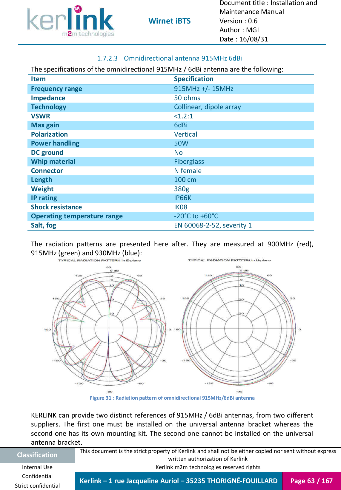  Wirnet iBTS Document title : Installation and Maintenance Manual Version : 0.6 Author : MGI Date : 16/08/31  Classification This document is the strict property of Kerlink and shall not be either copied nor sent without express written authorization of Kerlink Internal Use  Kerlink m2m technologies reserved rights Confidential Kerlink – 1 rue Jacqueline Auriol – 35235 THORIGNÉ-FOUILLARD Page 63 / 167 Strict confidential  1.7.2.3 Omnidirectional antenna 915MHz 6dBi The specifications of the omnidirectional 915MHz / 6dBi antenna are the following: Item Specification Frequency range 915MHz +/- 15MHz Impedance 50 ohms Technology Collinear, dipole array VSWR &lt;1.2:1 Max gain 6dBi Polarization Vertical Power handling 50W DC ground No Whip material Fiberglass Connector N female Length 100 cm Weight 380g IP rating IP66K Shock resistance IK08 Operating temperature range -20°C to +60°C Salt, fog EN 60068-2-52, severity 1  The  radiation  patterns  are  presented  here  after.  They  are  measured  at  900MHz  (red), 915MHz (green) and 930MHz (blue):    Figure 31 : Radiation pattern of omnidirectional 915MHz/6dBi antenna  KERLINK can provide two distinct references of 915MHz / 6dBi antennas, from two different suppliers.  The  first  one  must  be  installed  on  the  universal  antenna  bracket  whereas  the second one has its own mounting kit. The second one cannot be installed on the universal antenna bracket. 