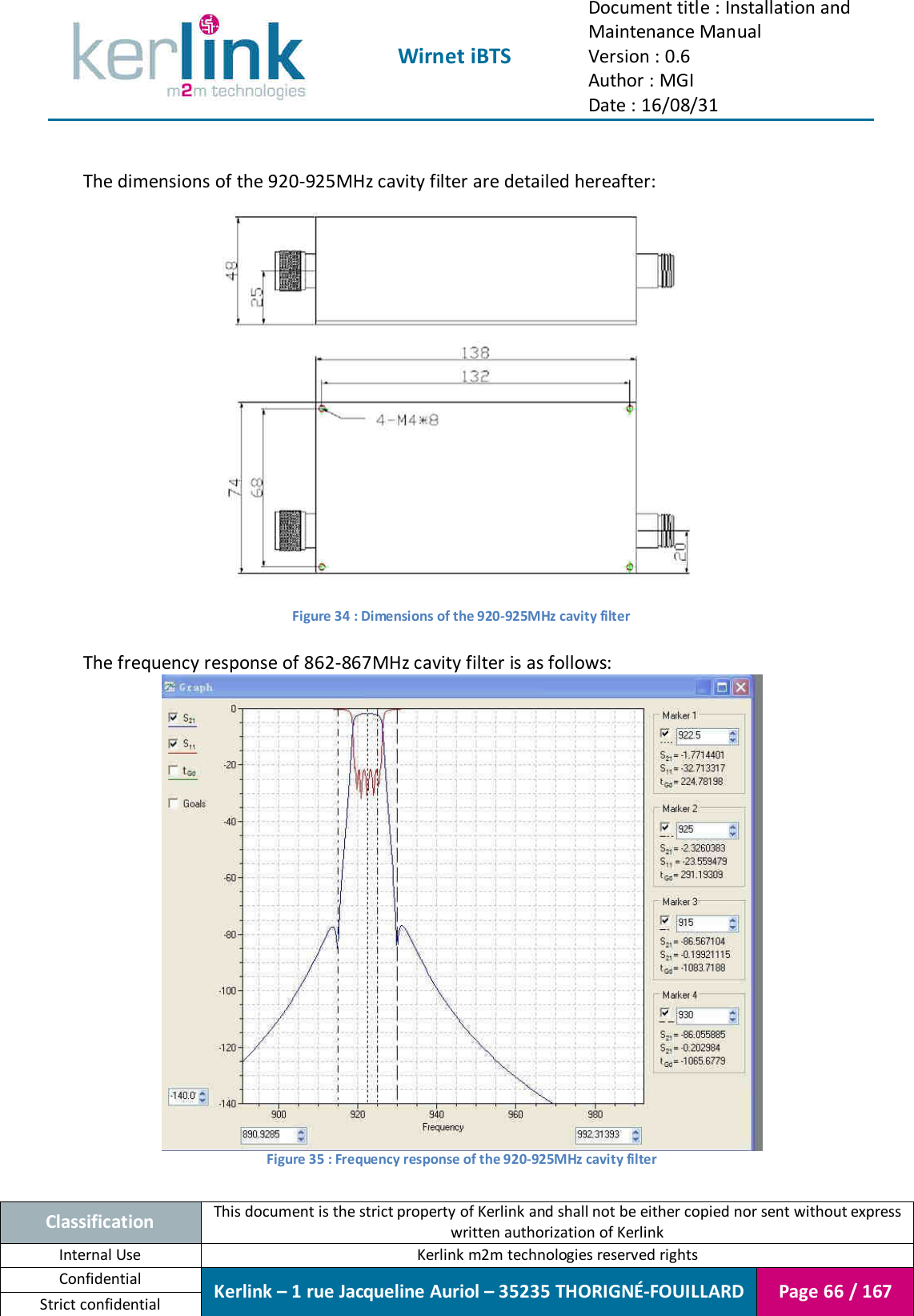  Wirnet iBTS Document title : Installation and Maintenance Manual Version : 0.6 Author : MGI Date : 16/08/31  Classification This document is the strict property of Kerlink and shall not be either copied nor sent without express written authorization of Kerlink Internal Use  Kerlink m2m technologies reserved rights Confidential Kerlink – 1 rue Jacqueline Auriol – 35235 THORIGNÉ-FOUILLARD Page 66 / 167 Strict confidential   The dimensions of the 920-925MHz cavity filter are detailed hereafter:  Figure 34 : Dimensions of the 920-925MHz cavity filter  The frequency response of 862-867MHz cavity filter is as follows:  Figure 35 : Frequency response of the 920-925MHz cavity filter  