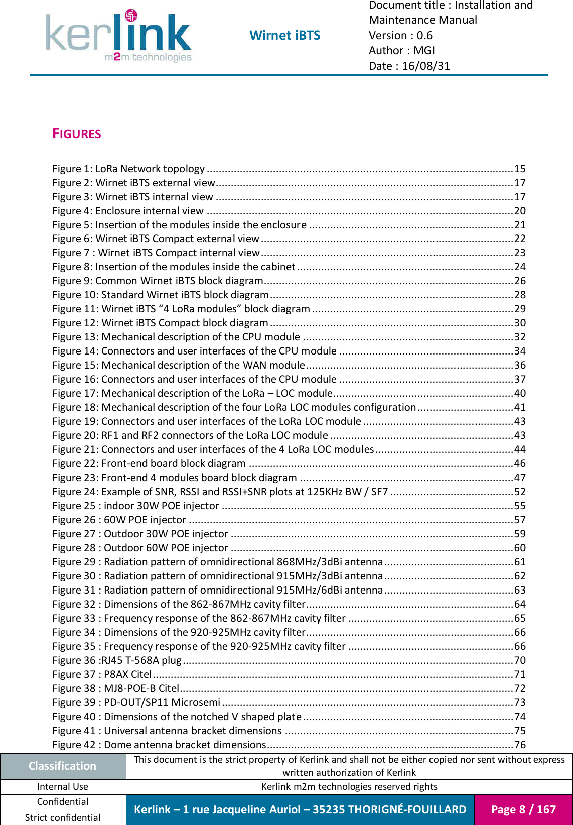  Wirnet iBTS Document title : Installation and Maintenance Manual Version : 0.6 Author : MGI Date : 16/08/31  Classification This document is the strict property of Kerlink and shall not be either copied nor sent without express written authorization of Kerlink Internal Use  Kerlink m2m technologies reserved rights Confidential Kerlink – 1 rue Jacqueline Auriol – 35235 THORIGNÉ-FOUILLARD Page 8 / 167 Strict confidential   FIGURES  Figure 1: LoRa Network topology ...................................................................................................... 15 Figure 2: Wirnet iBTS external view................................................................................................... 17 Figure 3: Wirnet iBTS internal view ................................................................................................... 17 Figure 4: Enclosure internal view ...................................................................................................... 20 Figure 5: Insertion of the modules inside the enclosure .................................................................... 21 Figure 6: Wirnet iBTS Compact external view .................................................................................... 22 Figure 7 : Wirnet iBTS Compact internal view .................................................................................... 23 Figure 8: Insertion of the modules inside the cabinet ........................................................................ 24 Figure 9: Common Wirnet iBTS block diagram................................................................................... 26 Figure 10: Standard Wirnet iBTS block diagram ................................................................................. 28 Figure 11: Wirnet iBTS “4 LoRa modules” block diagram ................................................................... 29 Figure 12: Wirnet iBTS Compact block diagram ................................................................................. 30 Figure 13: Mechanical description of the CPU module ...................................................................... 32 Figure 14: Connectors and user interfaces of the CPU module .......................................................... 34 Figure 15: Mechanical description of the WAN module ..................................................................... 36 Figure 16: Connectors and user interfaces of the CPU module .......................................................... 37 Figure 17: Mechanical description of the LoRa – LOC module............................................................ 40 Figure 18: Mechanical description of the four LoRa LOC modules configuration ................................ 41 Figure 19: Connectors and user interfaces of the LoRa LOC module .................................................. 43 Figure 20: RF1 and RF2 connectors of the LoRa LOC module ............................................................. 43 Figure 21: Connectors and user interfaces of the 4 LoRa LOC modules .............................................. 44 Figure 22: Front-end board block diagram ........................................................................................ 46 Figure 23: Front-end 4 modules board block diagram ....................................................................... 47 Figure 24: Example of SNR, RSSI and RSSI+SNR plots at 125KHz BW / SF7 ......................................... 52 Figure 25 : indoor 30W POE injector ................................................................................................. 55 Figure 26 : 60W POE injector ............................................................................................................ 57 Figure 27 : Outdoor 30W POE injector .............................................................................................. 59 Figure 28 : Outdoor 60W POE injector .............................................................................................. 60 Figure 29 : Radiation pattern of omnidirectional 868MHz/3dBi antenna ........................................... 61 Figure 30 : Radiation pattern of omnidirectional 915MHz/3dBi antenna ........................................... 62 Figure 31 : Radiation pattern of omnidirectional 915MHz/6dBi antenna ........................................... 63 Figure 32 : Dimensions of the 862-867MHz cavity filter..................................................................... 64 Figure 33 : Frequency response of the 862-867MHz cavity filter ....................................................... 65 Figure 34 : Dimensions of the 920-925MHz cavity filter..................................................................... 66 Figure 35 : Frequency response of the 920-925MHz cavity filter ....................................................... 66 Figure 36 :RJ45 T-568A plug .............................................................................................................. 70 Figure 37 : P8AX Citel ........................................................................................................................ 71 Figure 38 : MJ8-POE-B Citel ............................................................................................................... 72 Figure 39 : PD-OUT/SP11 Microsemi ................................................................................................. 73 Figure 40 : Dimensions of the notched V shaped plate ...................................................................... 74 Figure 41 : Universal antenna bracket dimensions ............................................................................ 75 Figure 42 : Dome antenna bracket dimensions.................................................................................. 76 