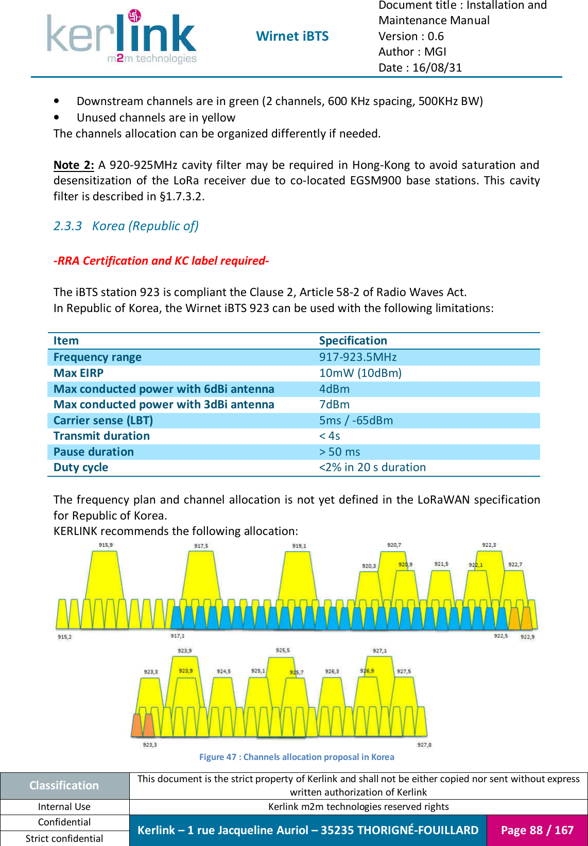  Wirnet iBTS Document title : Installation and Maintenance Manual Version : 0.6 Author : MGI Date : 16/08/31  Classification This document is the strict property of Kerlink and shall not be either copied nor sent without express written authorization of Kerlink Internal Use  Kerlink m2m technologies reserved rights Confidential Kerlink – 1 rue Jacqueline Auriol – 35235 THORIGNÉ-FOUILLARD Page 88 / 167 Strict confidential  • Downstream channels are in green (2 channels, 600 KHz spacing, 500KHz BW) • Unused channels are in yellow The channels allocation can be organized differently if needed.  Note 2:  A 920-925MHz cavity filter may be required in Hong-Kong to avoid saturation and desensitization  of  the  LoRa  receiver  due  to  co-located  EGSM900  base  stations.  This  cavity filter is described in §1.7.3.2. 2.3.3 Korea (Republic of)  -RRA Certification and KC label required-  The iBTS station 923 is compliant the Clause 2, Article 58-2 of Radio Waves Act. In Republic of Korea, the Wirnet iBTS 923 can be used with the following limitations:  Item Specification Frequency range 917-923.5MHz Max EIRP 10mW (10dBm) Max conducted power with 6dBi antenna 4dBm Max conducted power with 3dBi antenna 7dBm Carrier sense (LBT) 5ms / -65dBm Transmit duration &lt; 4s Pause duration &gt; 50 ms Duty cycle &lt;2% in 20 s duration  The frequency plan and channel allocation is not  yet  defined in the LoRaWAN specification for Republic of Korea. KERLINK recommends the following allocation:  Figure 47 : Channels allocation proposal in Korea 