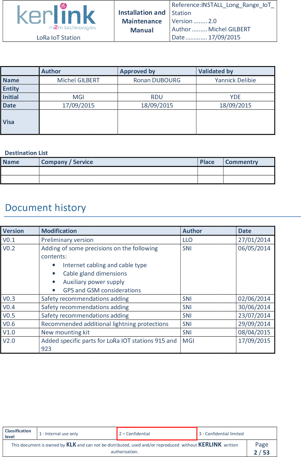  LoRa IoT Station  Classification level 1 - Internal use only This document is owned by KLK and can not    Author Name  Michel GILBERTEntity  Initial MGI Date 17/09/2015Visa     Destination List Name Company / Service      Document history Version Modification V0.1 Preliminary versionV0.2 Adding of some precisions on the following contents:  • Internet cabling• Cable gland dimensions• Auxiliary power supply• GPS and GSM considerationsV0.3 Safety recommendations addingV0.4 Safety recommendations addingV0.5 Safety recommendations addingV0.6 Recommended additional lightning protectionsV1.0 New mounting kit V2.0 Added specific parts for LoRa IOT stations 915 and 923  Installation and Maintenance Manual Reference:INSTALL_Station Version ........ 2.0 Author ......... Michel GILBERTDate ............. 17/09/20152 – Confidential  3 - Confidential limitedand can not be distributed, used and/or reproduced  without KERLINK  authorization. Approved by Validated byMichel GILBERT Ronan DUBOURG Yannick Delibie RDU 17/09/2015 18/09/2015 18/09    Company / Service Place    Author Preliminary version LLO Adding of some precisions on the following Internet cabling and cable type Cable gland dimensions Auxiliary power supply GPS and GSM considerations SNI Safety recommendations adding SNI recommendations adding SNI Safety recommendations adding SNI Recommended additional lightning protections SNI  SNI Added specific parts for LoRa IOT stations 915 and MGI INSTALL_Long_Range_IoT_Michel GILBERT 17/09/2015 Confidential limited   written Page 2 / 53 Validated by Yannick Delibie  YDE 18/09/2015 Commentry   Date 27/01/2014 06/05/2014 02/06/2014 30/06/2014 23/07/2014 29/09/2014 08/04/2015 17/09/2015 