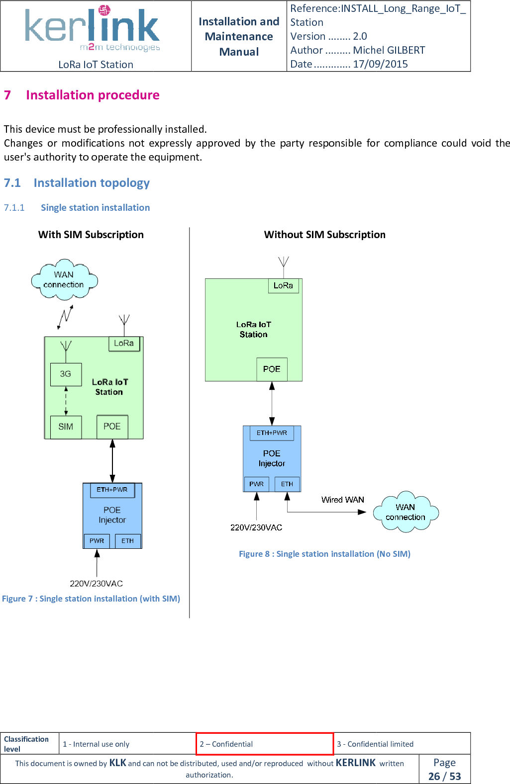 LoRa IoT Station  Classification level 1 - Internal use only This document is owned by KLK and can not 7 Installation procedureThis device must be professionally Changes  or  modifications  not  expressly  approved  by  the  party  responsible  for  compliance  could  void  the user&apos;s authority to operate the equipment.7.1 Installation topology 7.1.1 Single station installation  With SIM Subscription  Figure 7 : Single station installation (with SIM)     Installation and Maintenance Manual Reference:INSTALL_Station Version ........ 2.0 Author ......... Michel GILBERTDate ............. 17/09/20152 – Confidential  3 - Confidential limitedand can not be distributed, used and/or reproduced  without KERLINK  authorization. Installation procedure This device must be professionally installed. Changes  or  modifications  not  expressly  approved  by  the  party  responsible  for  compliance  could  void  the user&apos;s authority to operate the equipment.   Without SIM Subscription : Single station installation (with SIM)  Figure 8 : Single station installation (No SIM)  INSTALL_Long_Range_IoT_Michel GILBERT 17/09/2015 Confidential limited   written Page 26 / 53 Changes  or  modifications  not  expressly  approved  by  the  party  responsible  for  compliance  could  void  the Without SIM Subscription  : Single station installation (No SIM) 