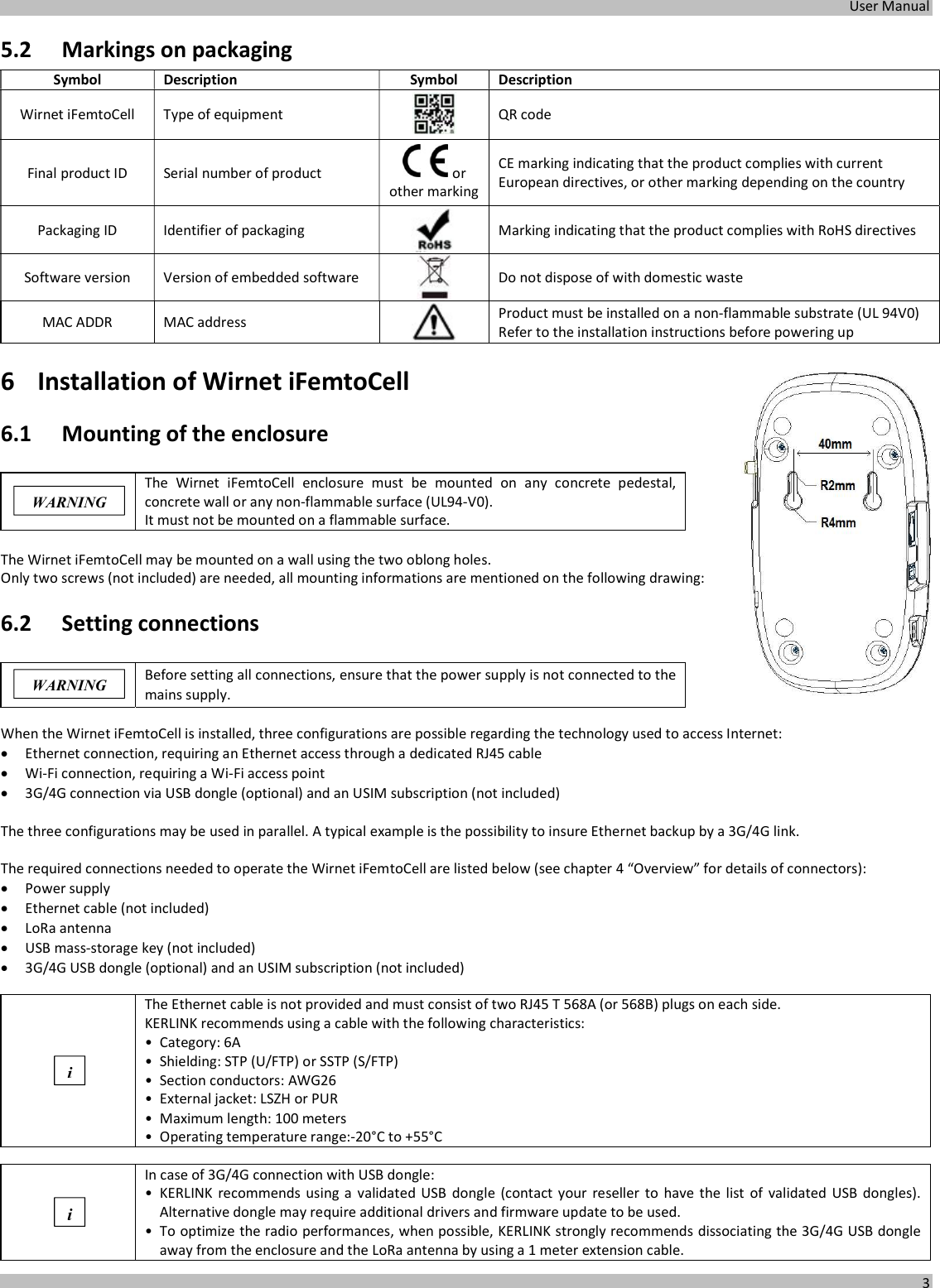  User Manual  3  5.2 Markings on packaging Symbol Description  Symbol Description Wirnet iFemtoCell  Type of equipment  QR code Final product ID  Serial number of product   or other marking CE marking indicating that the product complies with current European directives, or other marking depending on the country Packaging ID  Identifier of packaging  Marking indicating that the product complies with RoHS directives Software version  Version of embedded software  Do not dispose of with domestic waste MAC ADDR  MAC address  Product must be installed on a non-flammable substrate (UL 94V0) Refer to the installation instructions before powering up 6 Installation of Wirnet iFemtoCell 6.1 Mounting of the enclosure   The  Wirnet  iFemtoCell  enclosure  must  be  mounted  on  any  concrete  pedestal, concrete wall or any non-flammable surface (UL94-V0). It must not be mounted on a flammable surface.  The Wirnet iFemtoCell may be mounted on a wall using the two oblong holes. Only two screws (not included) are needed, all mounting informations are mentioned on the following drawing: 6.2 Setting connections   Before setting all connections, ensure that the power supply is not connected to the mains supply.  When the Wirnet iFemtoCell is installed, three configurations are possible regarding the technology used to access Internet:  Ethernet connection, requiring an Ethernet access through a dedicated RJ45 cable  Wi-Fi connection, requiring a Wi-Fi access point  3G/4G connection via USB dongle (optional) and an USIM subscription (not included)  The three configurations may be used in parallel. A typical example is the possibility to insure Ethernet backup by a 3G/4G link.   The required connections needed to operate the Wirnet iFemtoCell are listed below (see chapter 4 “Overview” for details of connectors):  Power supply  Ethernet cable (not included)  LoRa antenna  USB mass-storage key (not included)  3G/4G USB dongle (optional) and an USIM subscription (not included)   The Ethernet cable is not provided and must consist of two RJ45 T 568A (or 568B) plugs on each side. KERLINK recommends using a cable with the following characteristics: • Category: 6A • Shielding: STP (U/FTP) or SSTP (S/FTP)  • Section conductors: AWG26  • External jacket: LSZH or PUR • Maximum length: 100 meters • Operating temperature range:-20°C to +55°C   In case of 3G/4G connection with USB dongle: • KERLINK  recommends using a validated USB  dongle (contact your  reseller  to  have  the  list  of  validated  USB  dongles). Alternative dongle may require additional drivers and firmware update to be used. • To optimize the radio performances, when possible, KERLINK strongly recommends dissociating the 3G/4G USB dongle away from the enclosure and the LoRa antenna by using a 1 meter extension cable. WARNING WARNING i i 