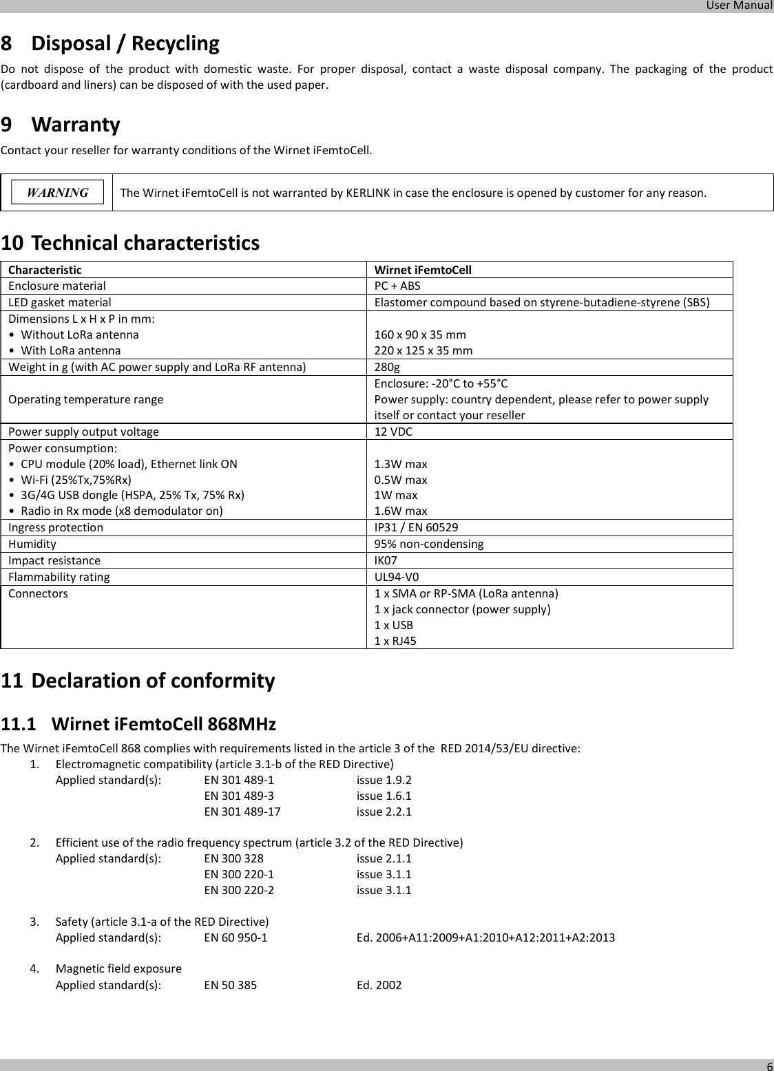  User Manual  6  8 Disposal / Recycling Do  not  dispose  of  the  product  with  domestic  waste.  For  proper  disposal,  contact  a  waste  disposal  company.  The  packaging  of  the  product (cardboard and liners) can be disposed of with the used paper. 9 Warranty Contact your reseller for warranty conditions of the Wirnet iFemtoCell.   The Wirnet iFemtoCell is not warranted by KERLINK in case the enclosure is opened by customer for any reason. 10 Technical characteristics Characteristic  Wirnet iFemtoCell Enclosure material  PC + ABS LED gasket material  Elastomer compound based on styrene-butadiene-styrene (SBS) Dimensions L x H x P in mm: • Without LoRa antenna • With LoRa antenna  160 x 90 x 35 mm 220 x 125 x 35 mm Weight in g (with AC power supply and LoRa RF antenna)  280g Operating temperature range Enclosure: -20°C to +55°C Power supply: country dependent, please refer to power supply itself or contact your reseller Power supply output voltage  12 VDC Power consumption: • CPU module (20% load), Ethernet link ON • Wi-Fi (25%Tx,75%Rx) • 3G/4G USB dongle (HSPA, 25% Tx, 75% Rx) • Radio in Rx mode (x8 demodulator on)  1.3W max 0.5W max 1W max 1.6W max Ingress protection  IP31 / EN 60529 Humidity  95% non-condensing Impact resistance  IK07 Flammability rating  UL94-V0 Connectors  1 x SMA or RP-SMA (LoRa antenna) 1 x jack connector (power supply) 1 x USB 1 x RJ45 11 Declaration of conformity 11.1 Wirnet iFemtoCell 868MHz The Wirnet iFemtoCell 868 complies with requirements listed in the article 3 of the  RED 2014/53/EU directive: 1. Electromagnetic compatibility (article 3.1-b of the RED Directive) Applied standard(s):  EN 301 489-1    issue 1.9.2         EN 301 489-3    issue 1.6.1         EN 301 489-17    issue 2.2.1              2. Efficient use of the radio frequency spectrum (article 3.2 of the RED Directive) Applied standard(s):  EN 300 328    issue 2.1.1         EN 300 220-1    issue 3.1.1         EN 300 220-2    issue 3.1.1    3. Safety (article 3.1-a of the RED Directive) Applied standard(s):  EN 60 950-1    Ed. 2006+A11:2009+A1:2010+A12:2011+A2:2013  4. Magnetic field exposure  Applied standard(s):  EN 50 385    Ed. 2002      WARNING 
