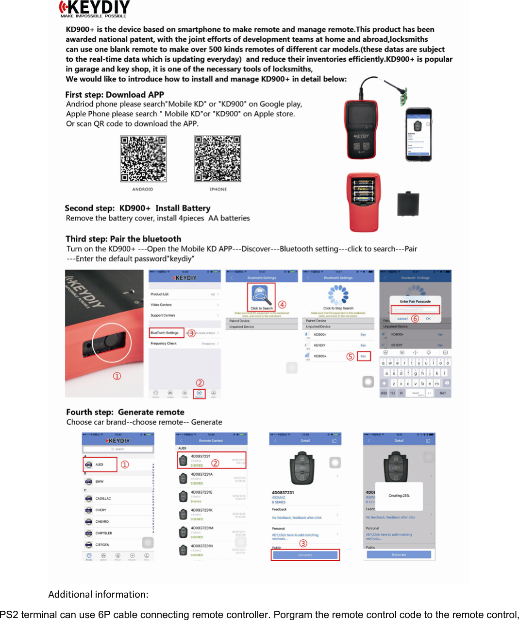  Additional information:   PS2 terminal can use 6P cable connecting remote controller. Porgram the remote control code to the remote control,