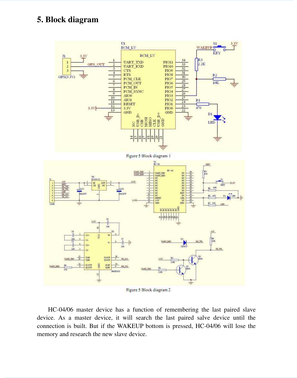    5. Block diagram       HC-04/06  master  device  has  a  function  of  remembering  the  last  paired  slave device.  As  a  master  device,  it  will  search  the  last  paired  salve  device  until  the connection is built. But if the WAKEUP bottom is pressed, HC-04/06 will lose the memory and research the new slave device.        