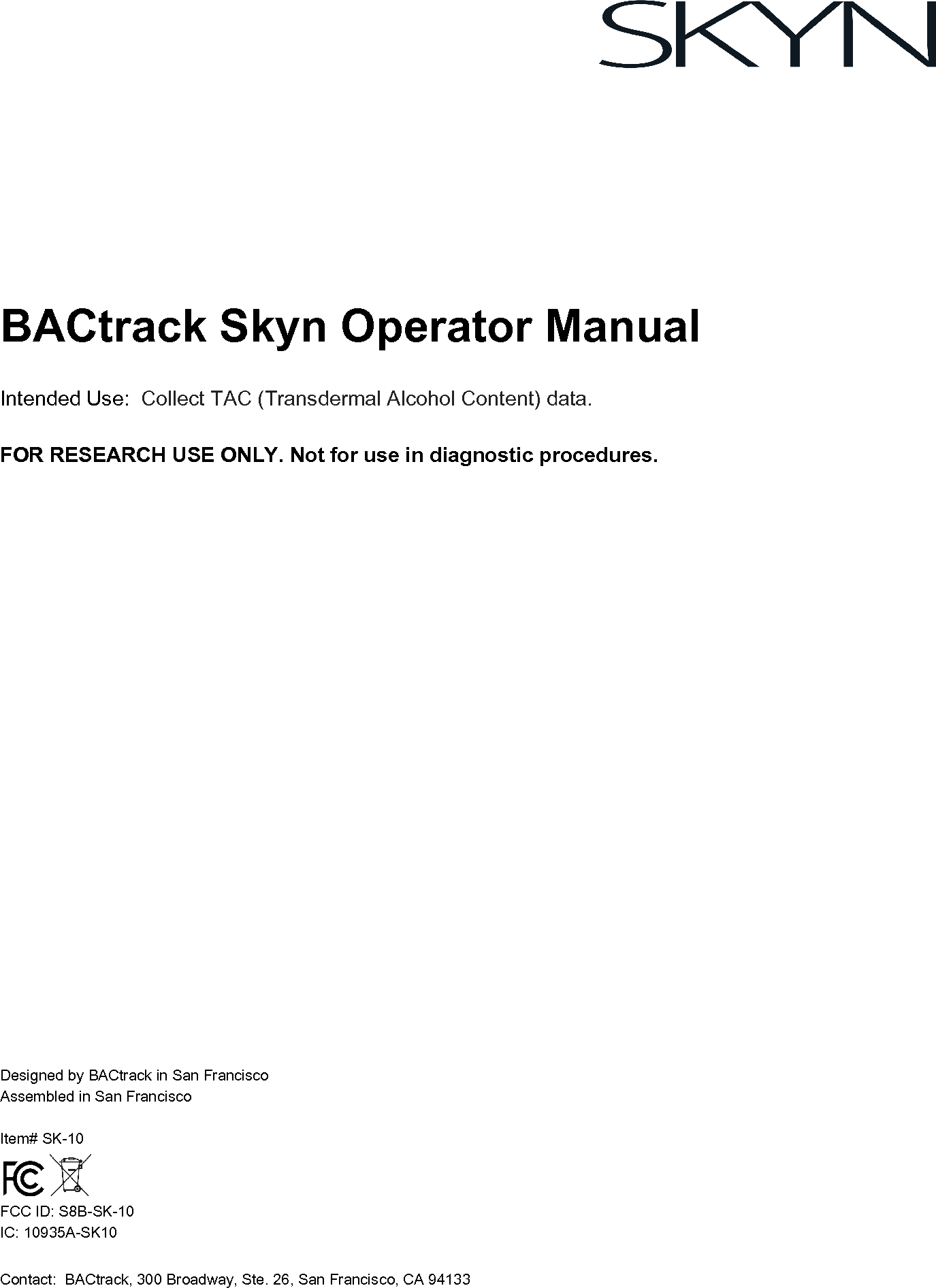 KHN Solutions SK10 Collects TAC (Transdermal Alcohol Content) User Manual