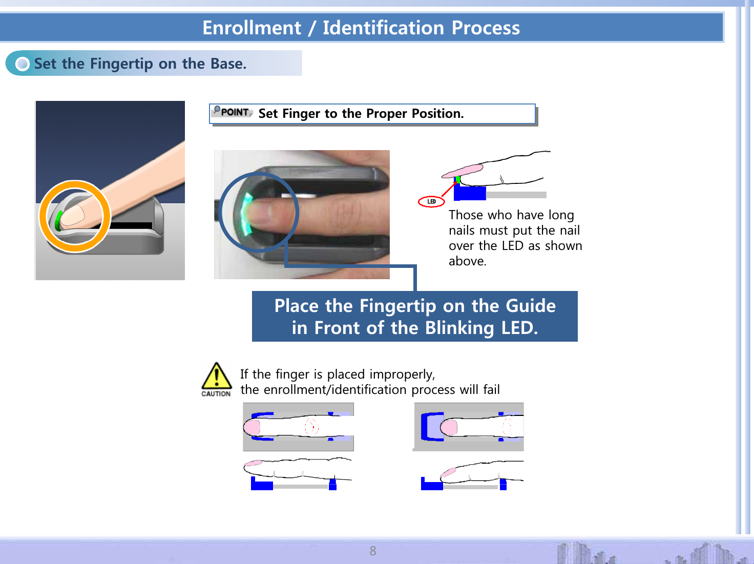 'PTQNNOGPV+FGPVKHKECVKQP2TQEGUU5GVVJG(KPIGTVKRQPVJG$CUG5GV(KPIGTVQVJG2TQRGT2QUKVKQP.'&amp;7KRVHZKRKDYHORQJQDLOVPXVWSXWWKHQDLORYHUWKH/('DVVKRZQDERYH2NCEGVJG(KPIGTVKRQPVJG)WKFGKP(TQPVQHVJG$NKPMKPI.'&amp; ,IWKHILQJHULVSODFHGLPSURSHUO\WKHHQUROOPHQWLGHQWLILFDWLRQSURFHVVZLOOIDLO