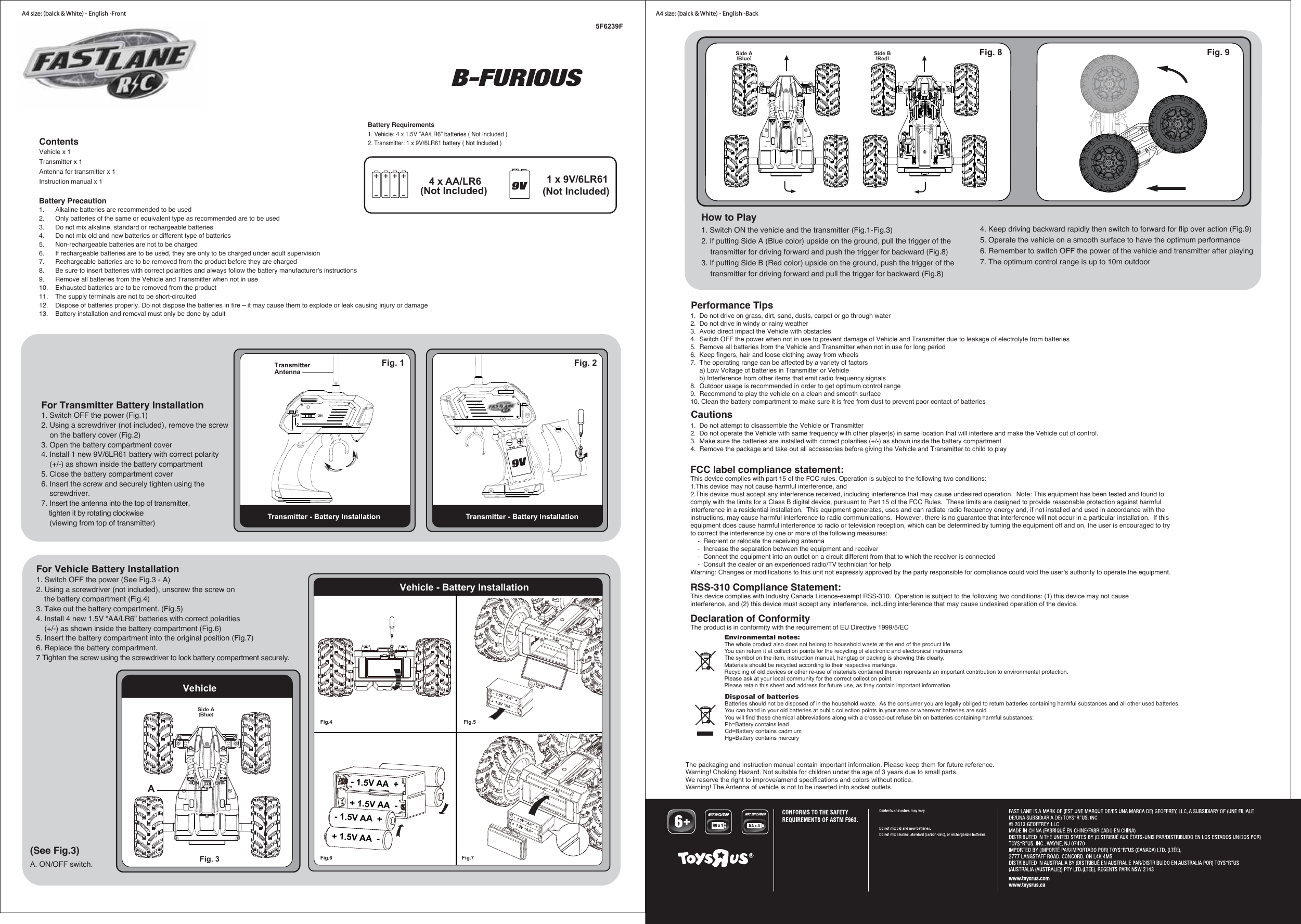 B-FURIOUSThe packaging and instruction manual contain important information. Please keep them for future reference.Warning! Choking Hazard. Not suitable for children under the age of 3 years due to small parts.We reserve the right to improve/amend specifications and colors without notice.Warning! The Antenna of vehicle is not to be inserted into socket outlets.Fig. 2Fig. 9Fig. 8For Transmitter Battery Installation1. Switch OFF the power (Fig.1)2. Using a screwdriver (not included), remove the screw    on the battery cover (Fig.2)3. Open the battery compartment cover4. Install 1 new 9V/6LR61 battery with correct polarity     (+/-) as shown inside the battery compartment5. Close the battery compartment cover6. Insert the screw and securely tighten using the     screwdriver.7. Insert the antenna into the top of transmitter,     tighten it by rotating clockwise    (viewing from top of transmitter)     How to Play1.  Do not drive on grass, dirt, sand, dusts, carpet or go through water2.  Do not drive in windy or rainy weather3.  Avoid direct impact the Vehicle with obstacles4.  Switch OFF the power when not in use to prevent damage of Vehicle and Transmitter due to leakage of electrolyte from batteries5.  Remove all batteries from the Vehicle and Transmitter when not in use for long period6.  Keep fingers, hair and loose clothing away from wheels7.  The operating range can be affected by a variety of factors     a) Low Voltage of batteries in Transmitter or Vehicle     b) Interference from other items that emit radio frequency signals8.  Outdoor usage is recommended in order to get optimum control range9.  Recommend to play the vehicle on a clean and smooth surface10. Clean the battery compartment to make sure it is free from dust to prevent poor contact of batteries Performance Tips1.  Do not attempt to disassemble the Vehicle or Transmitter2.  Do not operate the Vehicle with same frequency with other player(s) in same location that will interfere and make the Vehicle out of control.3.  Make sure the batteries are installed with correct polarities (+/-) as shown inside the battery compartment4.  Remove the package and take out all accessories before giving the Vehicle and Transmitter to child to playCautionsEnvironmental notes:The whole product also does not belong to household waste at the end of the product life.You can return it at collection points for the recycling of electronic and electronical instrumentsThe symbol on the item, instruction manual, hangtag or packing is showing this clearly.Materials should be recycled according to their respective markings.Recycling of old devices or other re-use of materials contained therein represents an important contribution to environmental protection.Please ask at your local community for the correct collection point.Please retain this sheet and address for future use, as they contain important information.1. Switch ON the vehicle and the transmitter (Fig.1-Fig.3)2. If putting Side A (Blue color) upside on the ground, pull the trigger of the   transmitter for driving forward and push the trigger for backward (Fig.8)3. If putting Side B (Red color) upside on the ground, push the trigger of the   transmitter for driving forward and pull the trigger for backward (Fig.8)ContentsVehicle x 1Transmitter x 1Antenna for transmitter x 1Instruction manual x 1  Battery Requirements1. Vehicle: 4 x 1.5V ”AA/LR6” batteries ( Not Included )2. Transmitter: 1 x 9V/6LR61 battery ( Not Included )4 x AA/LR6(Not Included) 1 x 9V/6LR61(Not Included) 4Disposal of batteriesBatteries should not be disposed of in the household waste.  As the consumer you are legally obliged to return batteries containing harmful substances and all other used batteries.  You can hand in your old batteries at public collection points in your area or wherever batteries are sold.You will find these chemical abbreviations along with a crossed-out refuse bin on batteries containing harmful substances:Pb=Battery contains leadCd=Battery contains cadmiumHg=Battery contains mercuryA4 size: (balck &amp; White) - English -Front A4 size: (balck &amp; White) - English -Back 5F6239FFCC label compliance statement:This device complies with part 15 of the FCC rules. Operation is subject to the following two conditions:1.This device may not cause harmful interference, and 2.This device must accept any interference received, including interference that may cause undesired operation.  Note: This equipment has been tested and found to comply with the limits for a Class B digital device, pursuant to Part 15 of the FCC Rules.  These limits are designed to provide reasonable protection against harmful interference in a residential installation.  This equipment generates, uses and can radiate radio frequency energy and, if not installed and used in accordance with the instructions, may cause harmful interference to radio communications.  However, there is no guarantee that interference will not occur in a particular installation.  If this equipment does cause harmful interference to radio or television reception, which can be determined by turning the equipment off and on, the user is encouraged to try to correct the interference by one or more of the following measures:    -  Reorient or relocate the receiving antenna    -  Increase the separation between the equipment and receiver    -  Connect the equipment into an outlet on a circuit different from that to which the receiver is connected    -  Consult the dealer or an experienced radio/TV technician for helpWarning: Changes or modifications to this unit not expressly approved by the party responsible for compliance could void the user’s authority to operate the equipment.RSS-310 Compliance Statement:This device complies with Industry Canada Licence-exempt RSS-310.  Operation is subject to the following two conditions: (1) this device may not cause interference, and (2) this device must accept any interference, including interference that may cause undesired operation of the device.Declaration of ConformityThe product is in conformity with the requirement of EU Directive 1999/5/ECBattery Precaution1.  Alkaline batteries are recommended to be used2.  Only batteries of the same or equivalent type as recommended are to be used3.  Do not mix alkaline, standard or rechargeable batteries4.  Do not mix old and new batteries or different type of batteries5.  Non-rechargeable batteries are not to be charged6.  If rechargeable batteries are to be used, they are only to be charged under adult supervision7.  Rechargeable batteries are to be removed from the product before they are charged8.  Be sure to insert batteries with correct polarities and always follow the battery manufacturer’s instructions9.  Remove all batteries from the Vehicle and Transmitter when not in use10.  Exhausted batteries are to be removed from the product11.  The supply terminals are not to be short-circuited12.  Dispose of batteries properly. Do not dispose the batteries in fire – it may cause them to explode or leak causing injury or damage13.  Battery installation and removal must only be done by adult(See Fig.3) A. ON/OFF switch.For Vehicle Battery Installation1. Switch OFF the power (See Fig.3 - A)2. Using a screwdriver (not included), unscrew the screw on     the battery compartment (Fig.4)3. Take out the battery compartment. (Fig.5)4. Install 4 new 1.5V “AA/LR6” batteries with correct polarities     (+/-) as shown inside the battery compartment (Fig.6)5. Insert the battery compartment into the original position (Fig.7)6. Replace the battery compartment.7 Tighten the screw using the screwdriver to lock battery compartment securely.Vehicle - Battery Installation-  1.5V “AA”  ++  1.5V “AA”  --  1.5V “AA”  ++  1.5V “AA”  -+ 1.5V AA  -- 1.5V AA  ++ 1.5V AA  -- 1.5V AA  +Fig.4 Fig.5Fig.6 Fig.7Fig. 3VehicleON OFFAFig. 1TransmitterAntennaOFF ON4. Keep driving backward rapidly then switch to forward for flip over action (Fig.9)5. Operate the vehicle on a smooth surface to have the optimum performance6. Remember to switch OFF the power of the vehicle and transmitter after playing7. The optimum control range is up to 10m outdoorSide A(Blue)Side B(Red)Side A(Blue)