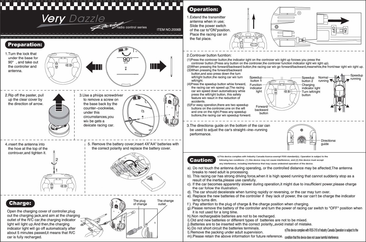 01 series  ITEM N0.2006E \ &apos;ration: 2.Contro11er button fucntion: 90&quot; , and take out  (1)Press the wntmller buUon,the indicator light on the  controller will ligM up  follows you press the wntmller buUon.(Press any  button on  the  controller,the controller function indicator light will light up). the controller and 2.Rip off the paster, pull up the clear cover by I to remove a screw on the direction of arrow. I circumstances,you I will be gets a .................................................. I delicate racing car.  3.The  directional guide on the bottom of the car can be used to adjust the cats straight-line-running performance. the hole at the top of the contm~~er,and tighten it. 0)rnlldeure mrnp,lesvlUl ,neu*Canalla ,,cerre-rnpt R55 sla&quot;&quot;4.11(5) Operam&quot; 15 sua,enmm m##---m &quot;.#&quot;on. v,m#s.-- may--. .em---, a&quot; a(2)m,s.--rn  u*-pt arm l&quot;-nce, ,nc,va,ng mte&quot;ere-tMt may unm,rea- ofmdeure a). Do not touch the antenna during operating, or the controlled distance may be affected;The antenna breaks to need adult is processing. b). This racing car has strong driving force,when  it is high speed running that cannot suddenly stop as a result of the inertia,please use carefully. c). If the car becomes apparently slower during operation,it might due to insufficient power,please charge the car follow the illustration. -------------- d). The car should decelerate when turning rapidly or reversing, or the car may tum over. e). Replace the new batteries of  the controller if  they lack of power, the car can&apos;t be charge the indicator lamp tums dim. f ). Pay attention to the plug of charge &amp;the charge position when charging. g).Please remove the battery of the controller and turn the power of racing car switch to &quot;OFF&apos; position when Open the charging cover of controller,plug  it is not used for a long time. out the charging jack,and aim at the charging  h).Non rechargeable batteries are not to be recharged. outlet of the WC car,the  charging indicator  i).Old and new batteries or different types of  batteries are not to be mixed. light will light up.And then,the  charging  j).Batteries are to be inserted with the correct polarity,,avoid install of mistake. indicator light will go off automatically after  k).Do not short circuit the batteries terminals. about 5 minutes passed,it means that WC I).Remove the packing under adult supervision. ~sdevlcecmpla~RSS310dIndlsby~~msul~edb$ 