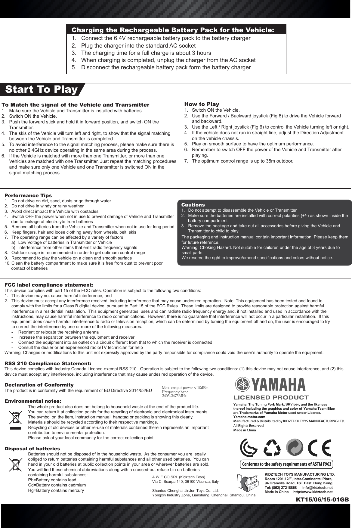 Page 2 of KIDZTECH TOYS 8437117-24GTX RC Yamaha Snowmobile Viper User Manual users manual