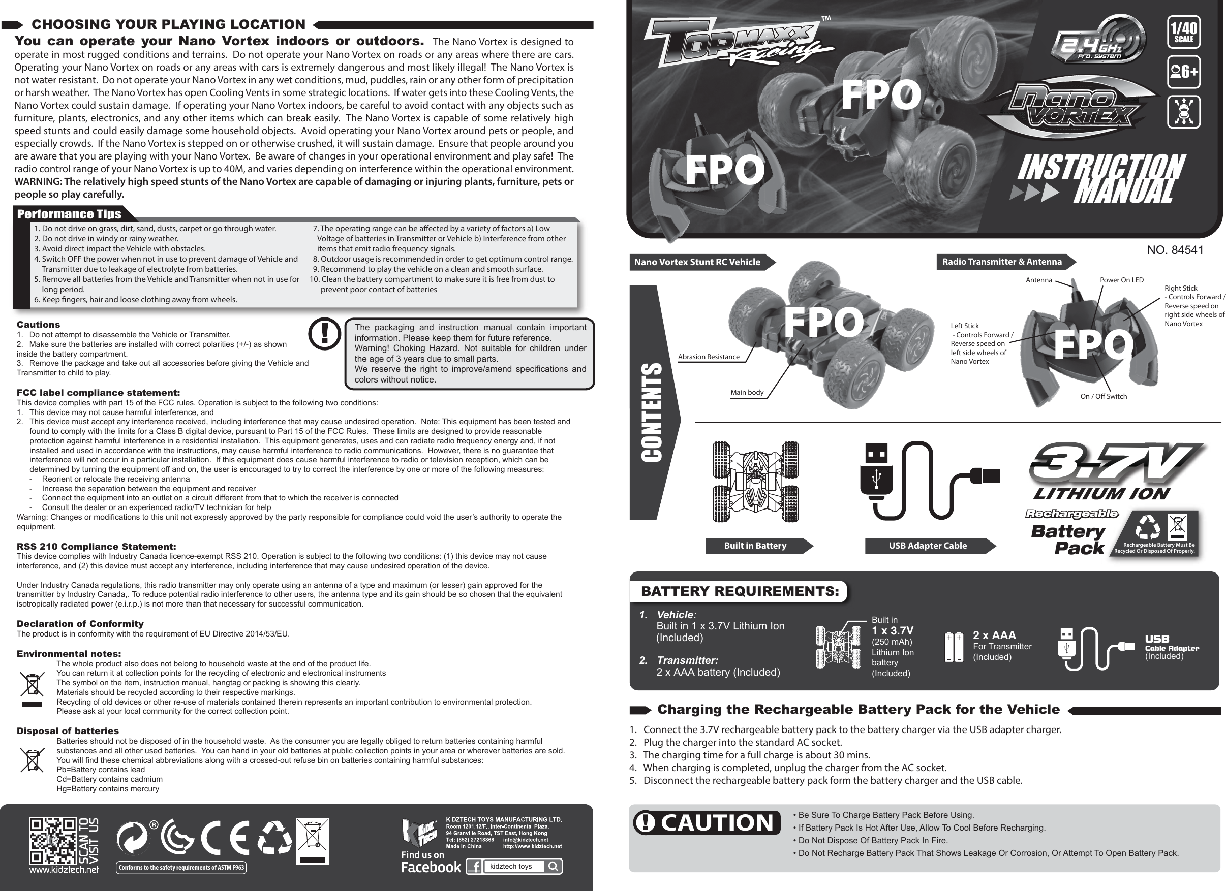 Page 1 of KIDZTECH TOYS 8454117-24GTX RC Nano Vortex User Manual 84541 Nano Vortex IM 20170426 A01