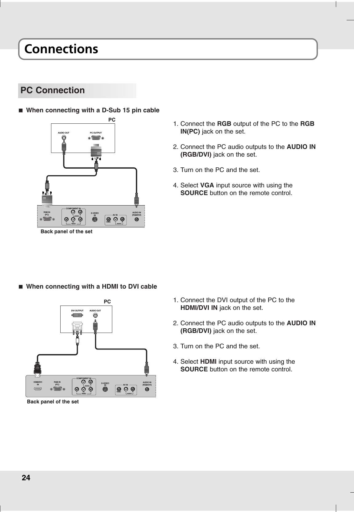 24ConnectionsPC ConnectionHDMI/DVIINRGB IN(PC)AUDIO IN(RGB/DVI)S-VIDEOINVIDEOYPb PrLRCOMPONENT INAUDIO AV INAUDIOLVIDEO RDVI OUTPUT AUDIO OUT1. Connect the DVI output of the PC to theHDMI/DVI IN jack on the set.2. Connect the PC audio outputs to the AUDIO IN(RGB/DVI) jack on the set.3. Turn on the PC and the set.4. Select HDMI input source with using theSOURCE button on the remote control.AAWhen connecting with a HDMI to DVI cableRGB IN(PC)AUDIO IN(RGB/DVI)S-VIDEOINVIDEOYPb PrLRCOMPONENT INAUDIO AV I NAUDIOLVIDEO RAUDIO OUT PC OUTPUT1. Connect the RGB output of the PC to the RGBIN(PC) jack on the set.2. Connect the PC audio outputs to the AUDIO IN(RGB/DVI) jack on the set.3. Turn on the PC and the set.4. Select VGA input source with using theSOURCE button on the remote control.AAWhen connecting with a D-Sub 15 pin cablePCBack panel of the setPCBack panel of the set