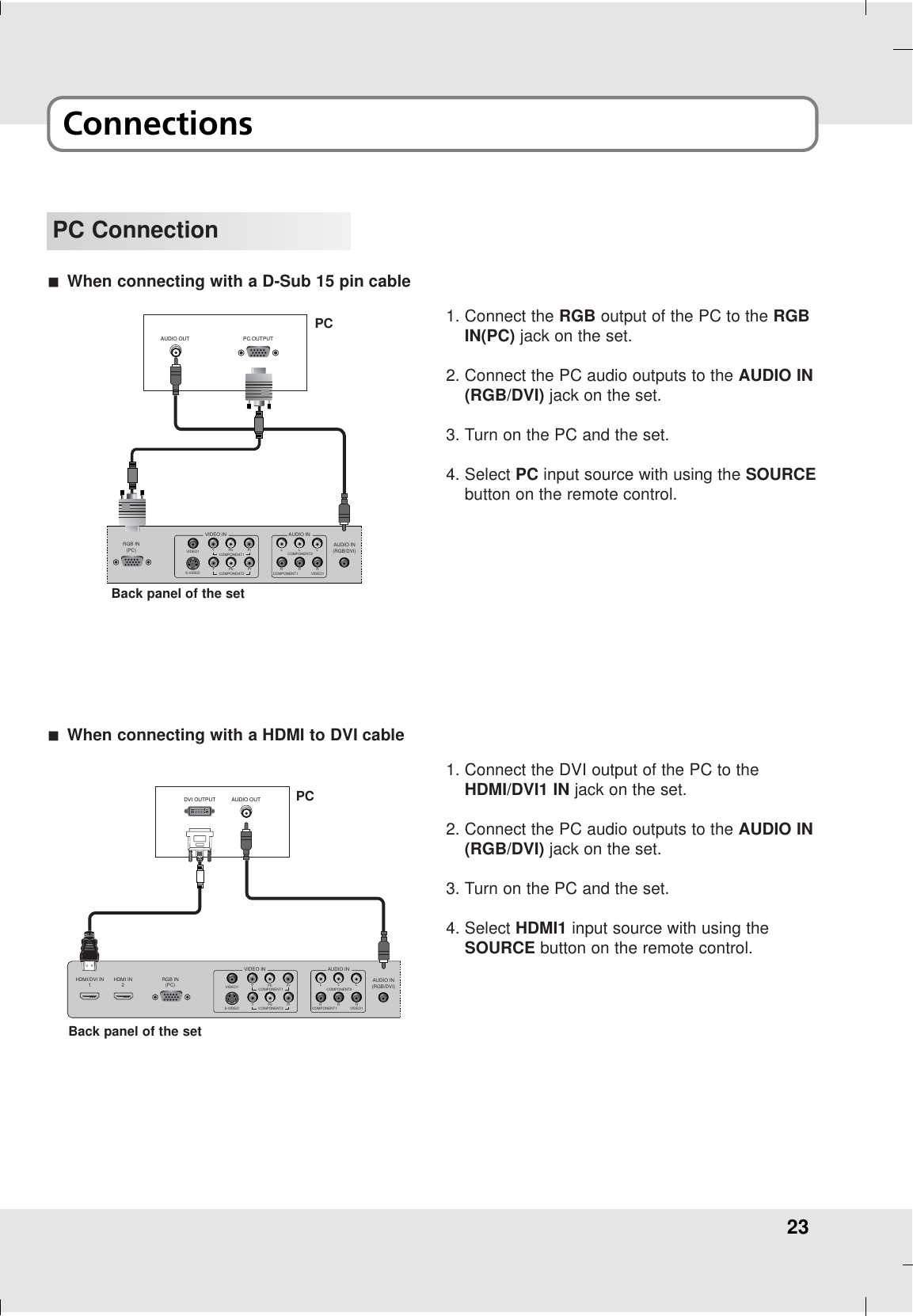 23ConnectionsPC ConnectionDVI OUTPUT AUDIO OUTHDMI IN2HDMI/DVI IN1RGB IN(PC) AUDIO IN(RGB/DVI)COMPONENT2YPbPrYPbPrVIDEO INVIDEO1S-VIDEOCOMPONENT1L LR RCOMPONENT2VIDEO1RLAUDIO INCOMPONENT11. Connect the DVI output of the PC to theHDMI/DVI1 IN jack on the set.2. Connect the PC audio outputs to the AUDIO IN(RGB/DVI) jack on the set.3. Turn on the PC and the set.4. Select HDMI1 input source with using theSOURCE button on the remote control.AWhen connecting with a HDMI to DVI cableAUDIO OUT PC OUTPUTRGB IN(PC) AUDIO IN(RGB/DVI)COMPONENT2YPbPrYPbPrVIDEO INVIDEO1S-VIDEOCOMPONENT1L LR RCOMPONENT2VIDEO1RLAUDIO INCOMPONENT11. Connect the RGB output of the PC to the RGBIN(PC) jack on the set.2. Connect the PC audio outputs to the AUDIO IN(RGB/DVI) jack on the set.3. Turn on the PC and the set.4. Select PC input source with using the SOURCEbutton on the remote control.AWhen connecting with a D-Sub 15 pin cablePCBack panel of the setPCBack panel of the set