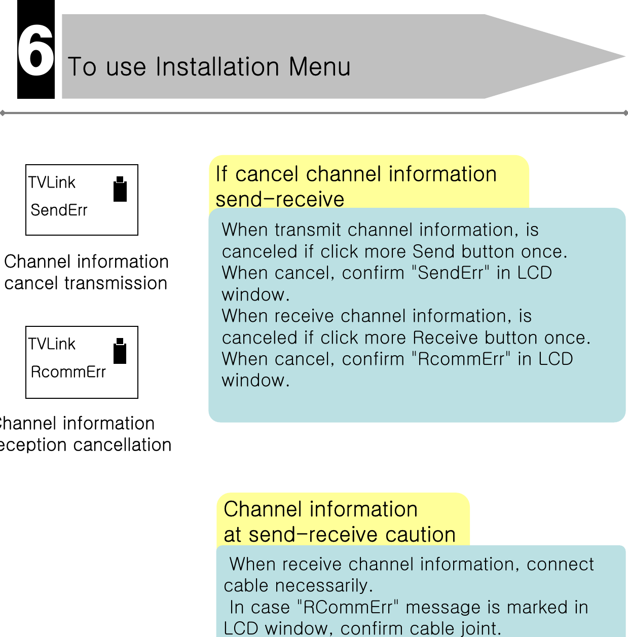 6If cancel channel information send-receiveWhen transmit channel information, is canceled if click more Send button once.When cancel, confirm &quot;SendErr&quot; in LCD window.When receive channel information, is canceled if click more Receive button once.When cancel, confirm &quot;RcommErr&quot; in LCD window.Channel information at send-receive cautionWhen receive channel information, connect cable necessarily.In case &quot;RCommErr&quot; message is marked in LCD window, confirm cable joint.TVLinkSendErrTVLinkRcommErrChannel information cancel transmissionChannel information eception cancellationTo use Installation Menu