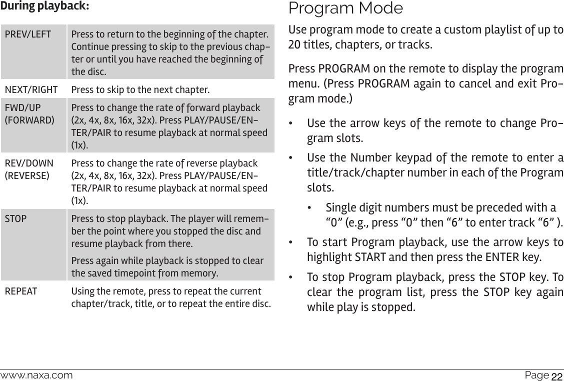 www.naxa.com  Page 19During playback:PREV/LEFT Press to return to the beginning of the chapter. Continue pressing to skip to the previous chap-ter or until you have reached the beginning of the disc.NEXT/RIGHT Press to skip to the next chapter.FWD/UP (FORWARD)Press to change the rate of forward playback (2x, 4x, 8x, 16x, 32x). Press PLAY/PAUSE/EN-TER/PAIR to resume playback at normal speed (1x).REV/DOWN (REVERSE)Press to change the rate of reverse playback (2x, 4x, 8x, 16x, 32x). Press PLAY/PAUSE/EN-TER/PAIR to resume playback at normal speed (1x).STOP Press to stop playback. The player will remem-ber the point where you stopped the disc and resume playback from there.Press again while playback is stopped to clear the saved timepoint from memory.REPEAT Using the remote, press to repeat the current chapter/track, title, or to repeat the entire disc.Program ModeUse program mode to create a custom playlist of up to 20 titles, chapters, or tracks. Press PROGRAM on the remote to display the program menu. (Press PROGRAM again to cancel and exit Pro-gram mode.) •Use the arrow keys of the remote to change Pro-gram slots.  •Use the Number keypad of the remote to enter a title/track/chapter number in each of the Program slots. •Single digit numbers must be preceded with a “0” (e.g., press “0” then “6” to enter track “6” ).  •To start Program playback, use the arrow keys to highlight START and then press the ENTER key. •To stop Program playback, press the STOP key. To clear the program list, press the STOP key again while play is stopped.22