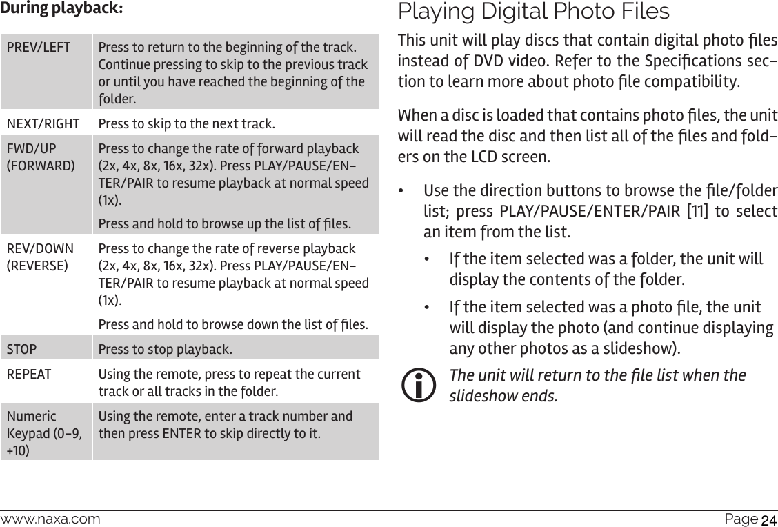 www.naxa.com  Page 21During playback:PREV/LEFT Press to return to the beginning of the track. Continue pressing to skip to the previous track or until you have reached the beginning of the folder.NEXT/RIGHT Press to skip to the next track.FWD/UP (FORWARD)Press to change the rate of forward playback (2x, 4x, 8x, 16x, 32x). Press PLAY/PAUSE/EN-TER/PAIR to resume playback at normal speed (1x).Press and hold to browse up the list of les.REV/DOWN (REVERSE)Press to change the rate of reverse playback (2x, 4x, 8x, 16x, 32x). Press PLAY/PAUSE/EN-TER/PAIR to resume playback at normal speed (1x).Press and hold to browse down the list of les.STOP Press to stop playback. REPEAT Using the remote, press to repeat the current track or all tracks in the folder.Numeric Keypad (0-9, +10)Using the remote, enter a track number and then press ENTER to skip directly to it.Playing Digital Photo FilesThis unit will play discs that contain digital photo les instead of DVD video. Refer to the Specications sec-tion to learn more about photo le compatibility.When a disc is loaded that contains photo les, the unit will read the disc and then list all of the les and fold-ers on the LCD screen. • Use the direction buttons to browse the le/folder list; press PLAY/PAUSE/ENTER/PAIR [11] to select an item from the list. •If the item selected was a folder, the unit will display the contents of the folder. • If the item selected was a photo le, the unit will display the photo (and continue displaying any other photos as a slideshow).   The unit will return to the le list when the slideshow ends.24