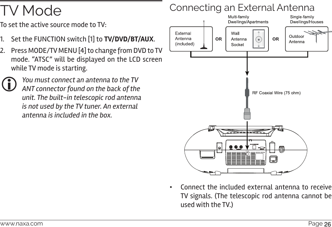 www.naxa.com  Page 23TV ModeTo set the active source mode to TV:1.  Set the FUNCTION switch [1] to TV/DVD/BT/AUX.2.  Press MODE/TV MENU [4] to change from DVD to TV mode. “ATSC” will be displayed on the LCD screen  while TV mode is starting. You must connect an antenna to the TV ANT connector found on the back of the unit. The built-in telescopic rod antenna is not used by the TV tuner. An external antenna is included in the box. Connecting an External Antenna •Connect the included external antenna to receive TV signals. (The telescopic rod antenna cannot be used with the TV.) 26