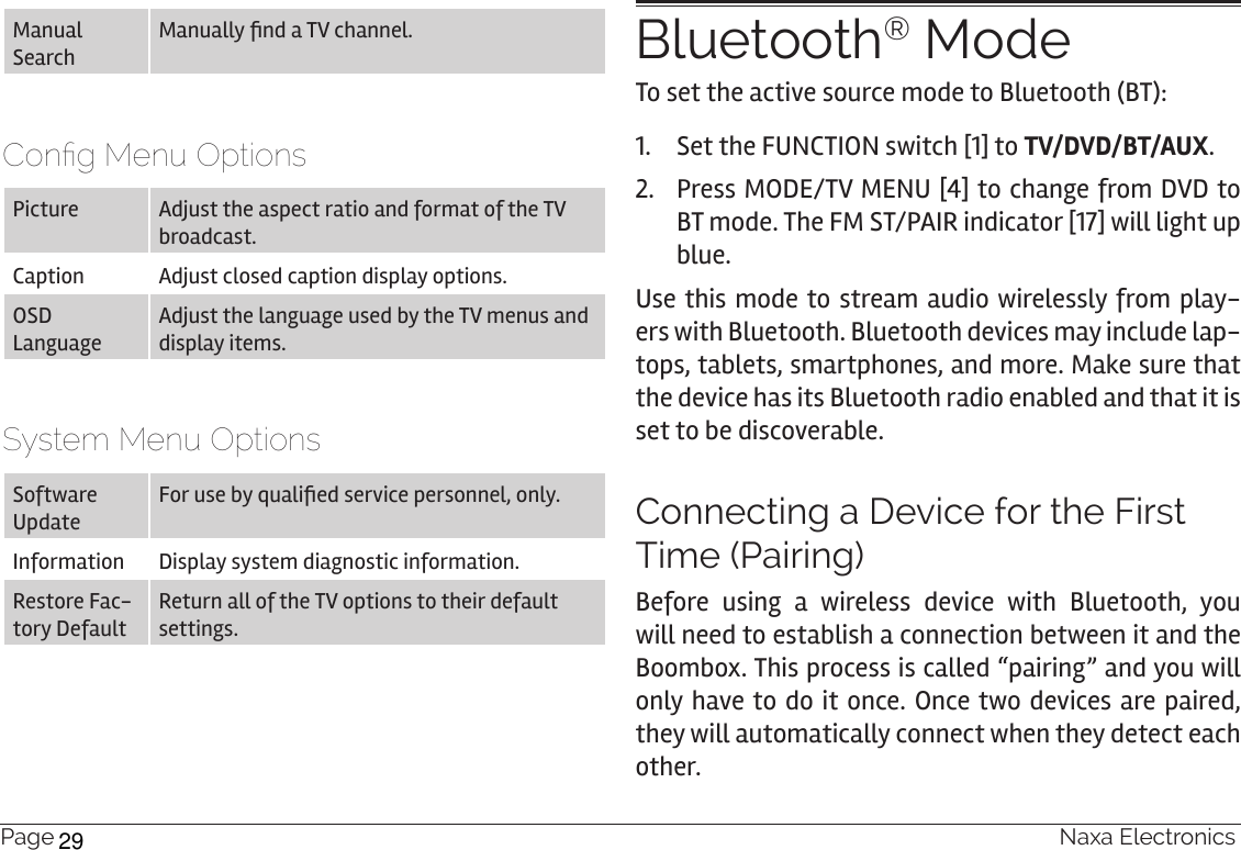 Page 26  Naxa ElectronicsManual SearchManually nd a TV channel. Cong Menu OptionsPicture Adjust the aspect ratio and format of the TV broadcast.Caption Adjust closed caption display options. OSD LanguageAdjust the language used by the TV menus and display items.System Menu OptionsSoftware UpdateFor use by qualied service personnel, only.Information Display system diagnostic information.Restore Fac-tory DefaultReturn all of the TV options to their default settings.Bluetooth® ModeTo set the active source mode to Bluetooth (BT):1.  Set the FUNCTION switch [1] to TV/DVD/BT/AUX.2.  Press MODE/TV MENU [4] to change from DVD to BT mode. The FM ST/PAIR indicator [17] will light up blue.Use this mode to stream audio wirelessly from play-ers with Bluetooth. Bluetooth devices may include lap-tops, tablets, smartphones, and more. Make sure that the device has its Bluetooth radio enabled and that it is set to be discoverable.Connecting a Device for the First Time (Pairing)Before using a wireless device with Bluetooth, you will need to establish a connection between it and the Boombox. This process is called “pairing” and you will only have to do it once. Once two devices are paired, they will automatically connect when they detect each other.29