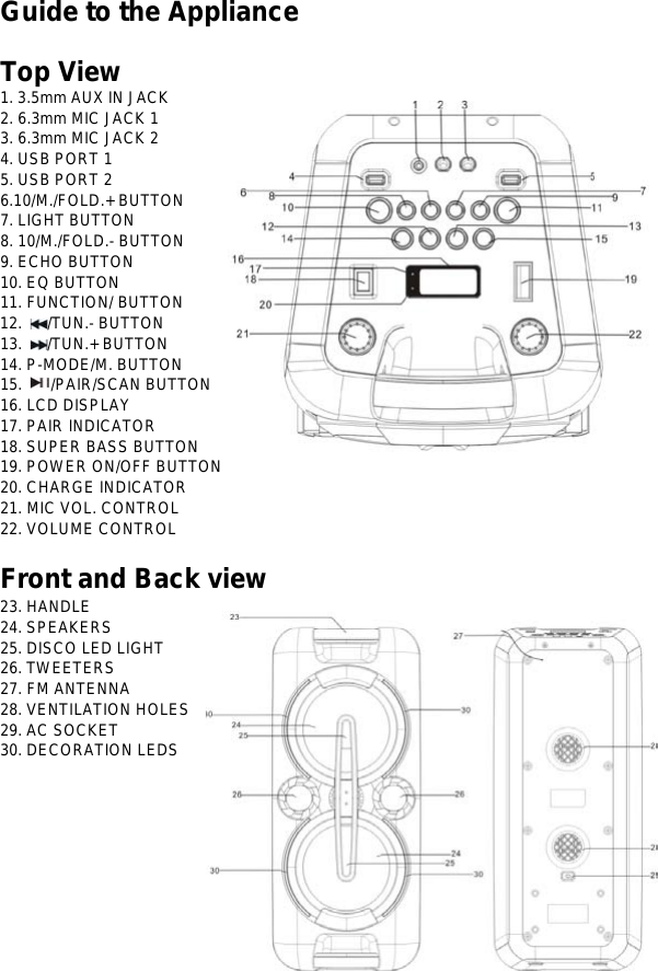   Guide to the Appliance  Top View 1. 3.5mm AUX IN JACK 2. 6.3mm MIC JACK 1 3. 6.3mm MIC JACK 2 4. USB PORT 1 5. USB PORT 2 6.10/M./FOLD.+ BUTTON 7. LIGHT BUTTON 8. 10/M./FOLD.- BUTTON 9. ECHO BUTTON 10. EQ BUTTON 11. FUNCTION/ BUTTON 12.  /TUN.- BUTTON 13.  /TUN.+ BUTTON 14. P-MODE/M. BUTTON 15.  /PAIR/SCAN BUTTON 16. LCD DISPLAY 17. PAIR INDICATOR 18. SUPER BASS BUTTON 19. POWER ON/OFF BUTTON 20. CHARGE INDICATOR 21. MIC VOL. CONTROL 22. VOLUME CONTROLFront and Back view 23. HANDLE 24. SPEAKERS 25. DISCO LED LIGHT 26. TWEETERS 27. FM ANTENNA 28. VENTILATION HOLES 29. AC SOCKET 30. DECORATION LEDS             