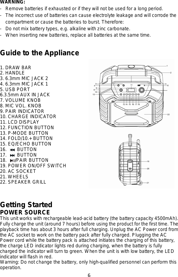 6  WARNING:   - Remove batteries if exhausted or if they will not be used for a long period. - The incorrect use of batteries can cause electrolyte leakage and will corrode the compartment or cause the batteries to burst. Therefore:   - Do not mix battery types, e.g. alkaline with zinc carbonate. - When inserting new batteries, replace all batteries at the same time.   Guide to the Appliance  1. DRAW BAR 2. HANDLE 3. 6.3mm MIC JACK 2 4. 6.3mm MIC JACK 1 5. USB PORT   6.3.5mm AUX IN JACK 7. VOLUME KNOB 8. MIC VOL. KNOB 9. PAIR INDICATOR 10. CHARGE INDICATOR 11. LCD DISPLAY 12. FUNCTION BUTTON 13. P-MODE BUTTON 14. FOLD/10.+ BUTTON 15. EQ/ECHO BUTTON 16.   BUTTON 17.   BUTTON 18.  /PAIR BUTTON 19. POWER ON/OFF SWITCH 20. AC SOCKET 21. WHEELS 22. SPEAKER GRILL   Getting Started POWER SOURCE This unit works with rechargeable lead-acid battery (the battery capacity 4500mAh). Fully charge the unit (around 7 hours) before using the product for the first time. The playback time has about 3 hours after full charging. Unplug the AC Power cord from the AC socket to work on the battery pack after fully charged. Plugging the AC Power cord while the battery pack is attached initiates the charging of this battery, the charge LED indicator lights red during charging, when the battery is fully charged the indicator will turn to green. When the unit is with low battery, the LED indicator will flash in red. Warning: Do not change the battery, only high-qualified personnel can perform this operation. 